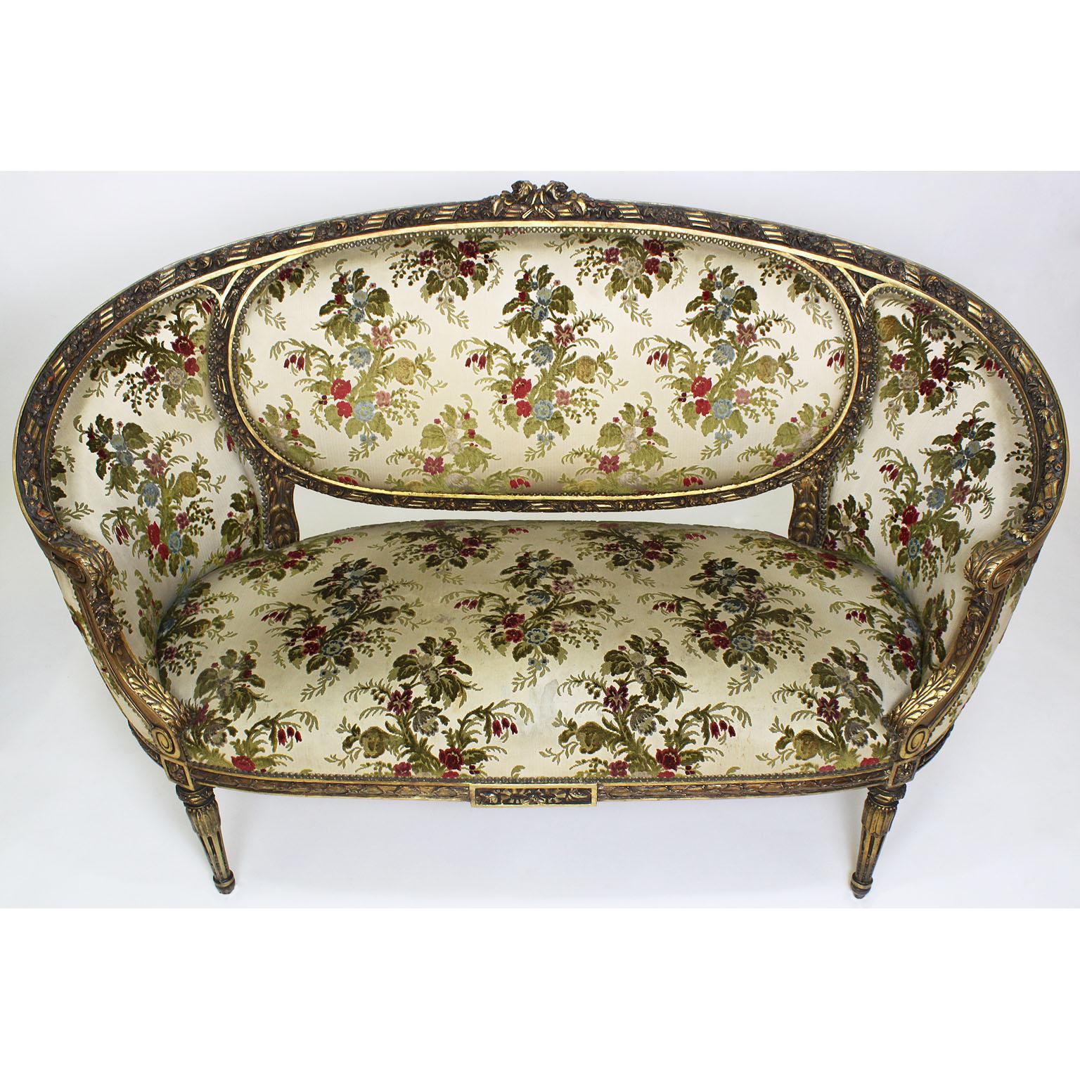 French 19th-20th Century Louis XVI Style Giltwood Carved 3-Piece Salon Suite For Sale 6
