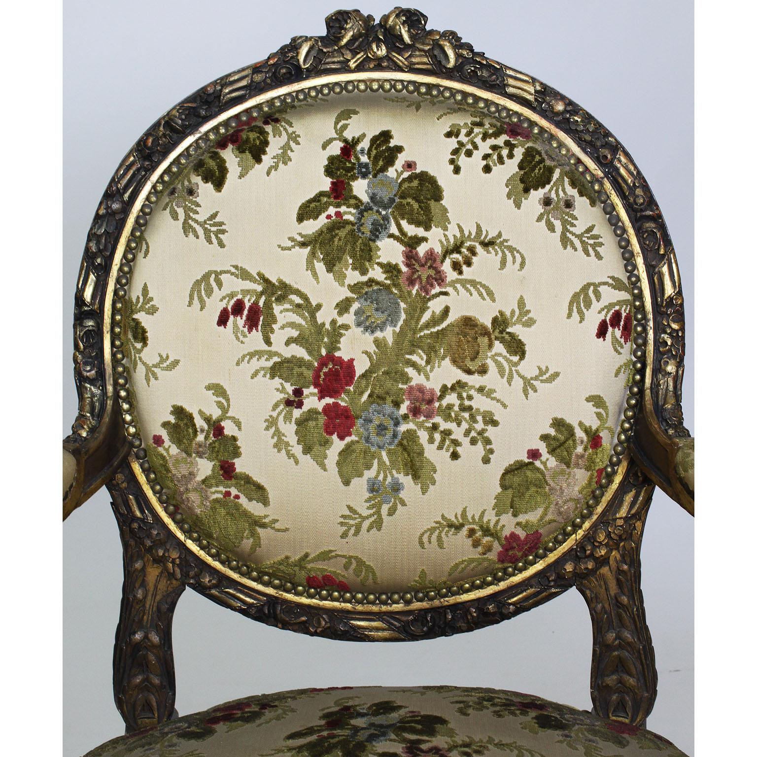Fabric French 19th-20th Century Louis XVI Style Giltwood Carved 3-Piece Salon Suite For Sale