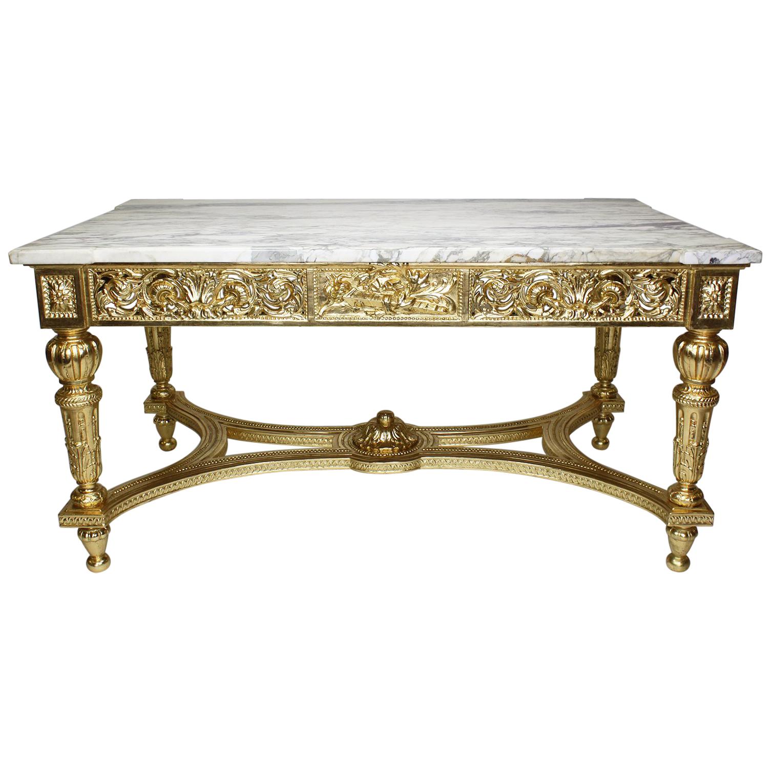 French 19th-20th Century Louis XVI Style Giltwood Carved Center Table Marble
