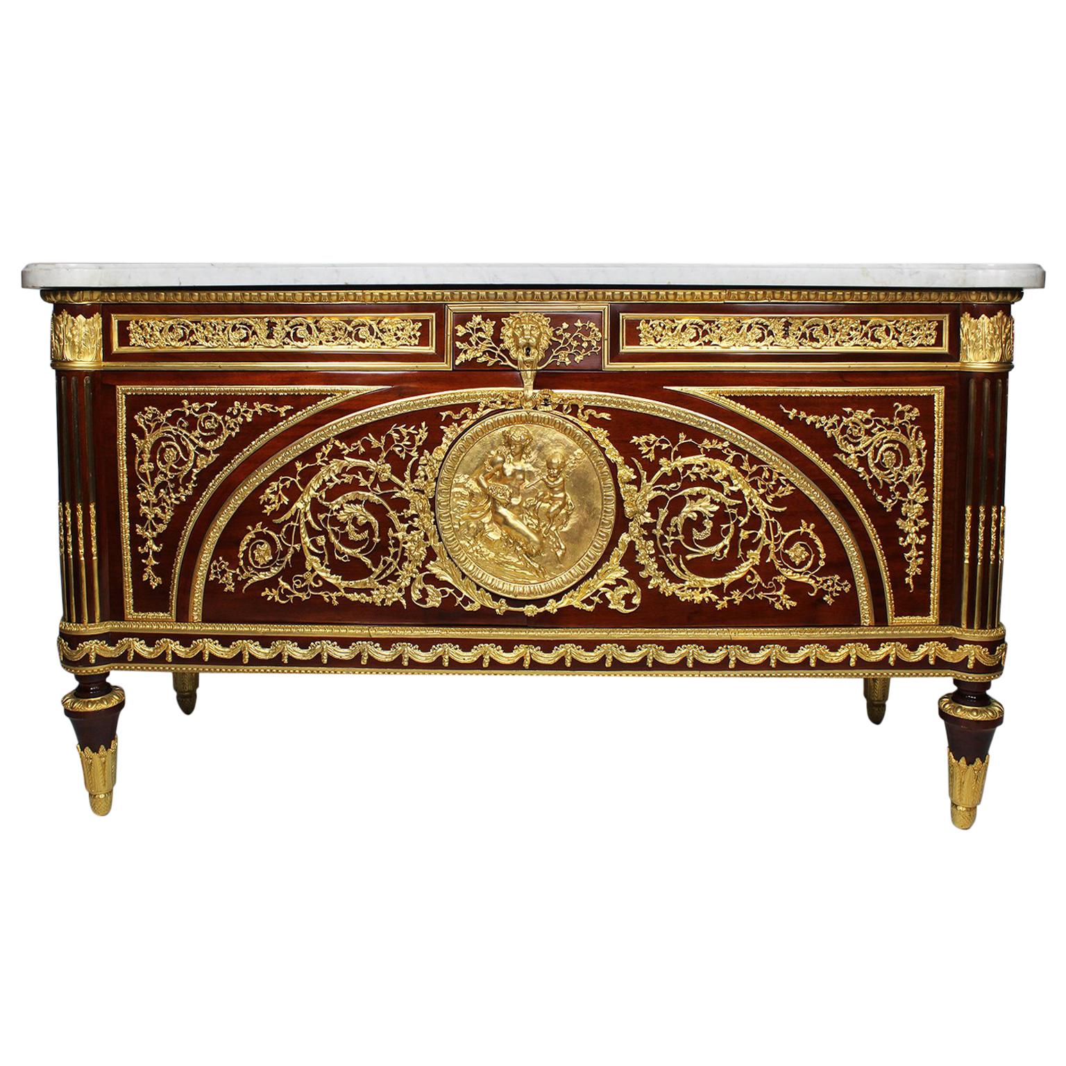 Impressive French Louis XVI Style Mahogany Gilt Bronze Mounted Server Commode For Sale
