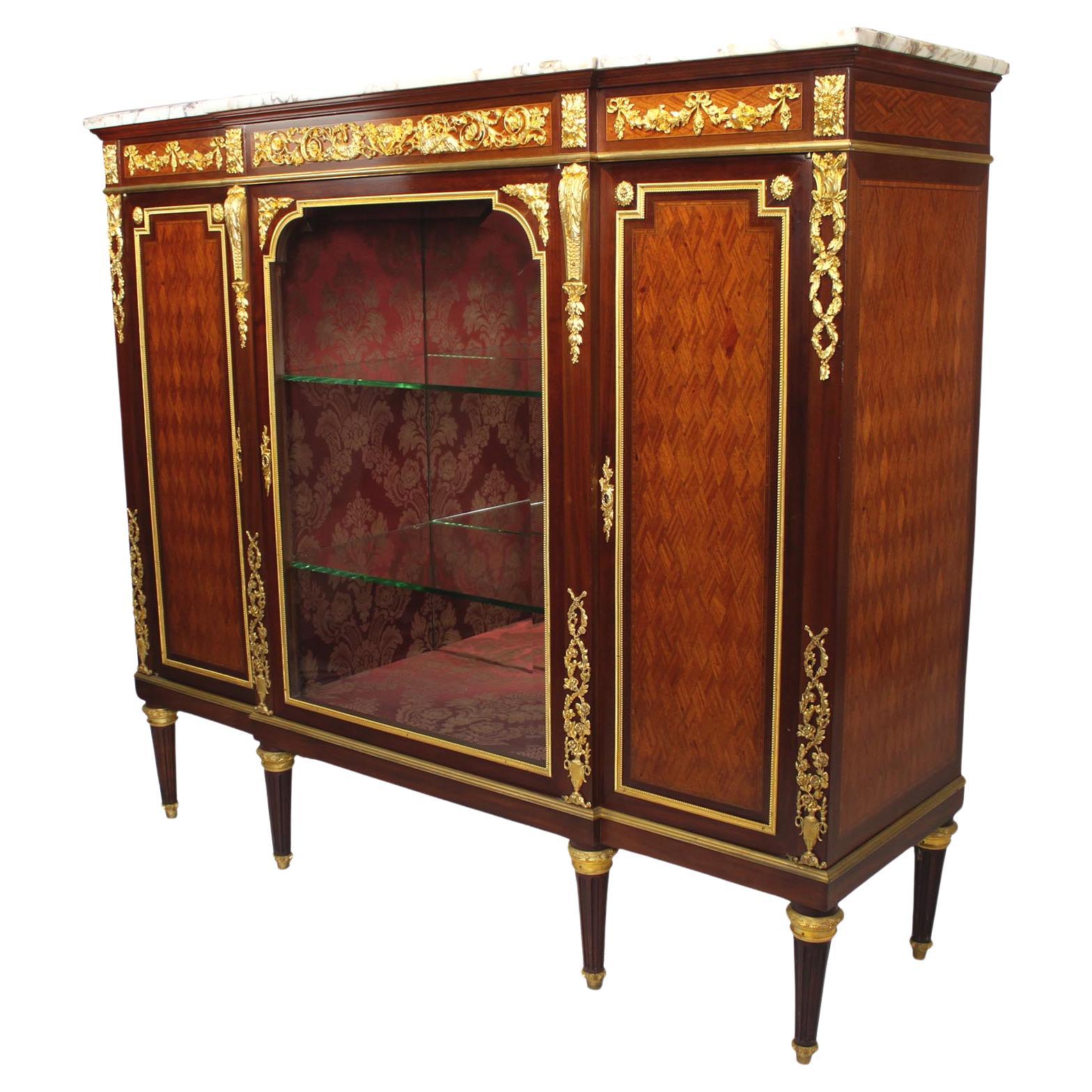 French Louis XVI Style Ormolu Mounted & Tulipwood Vitrine Cabinet, Attr. F.Linke For Sale