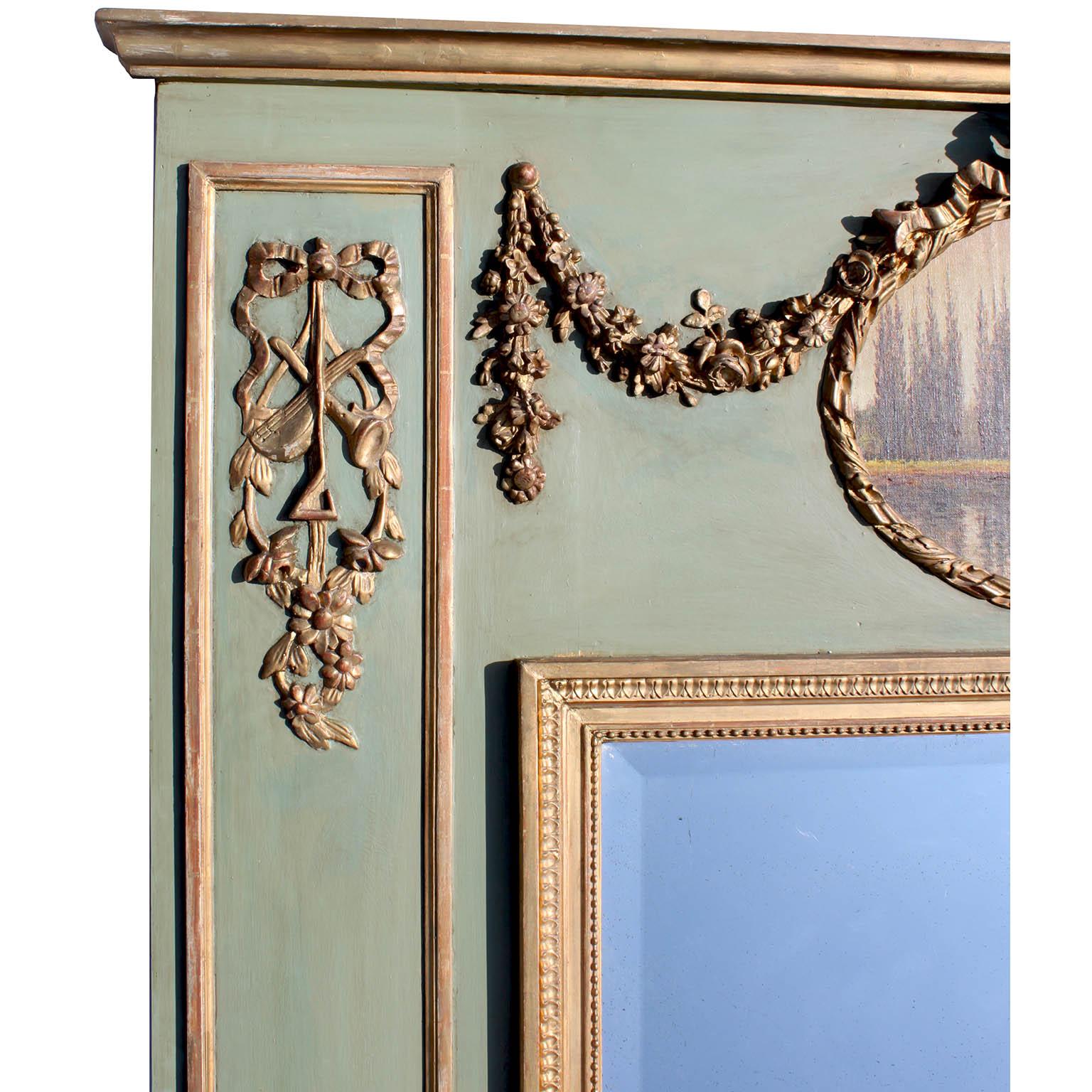 Belle Époque French 19th-20th Louis XVI Style Parcel-Gilt & Verde-Green Trumeau Mirror Frame For Sale