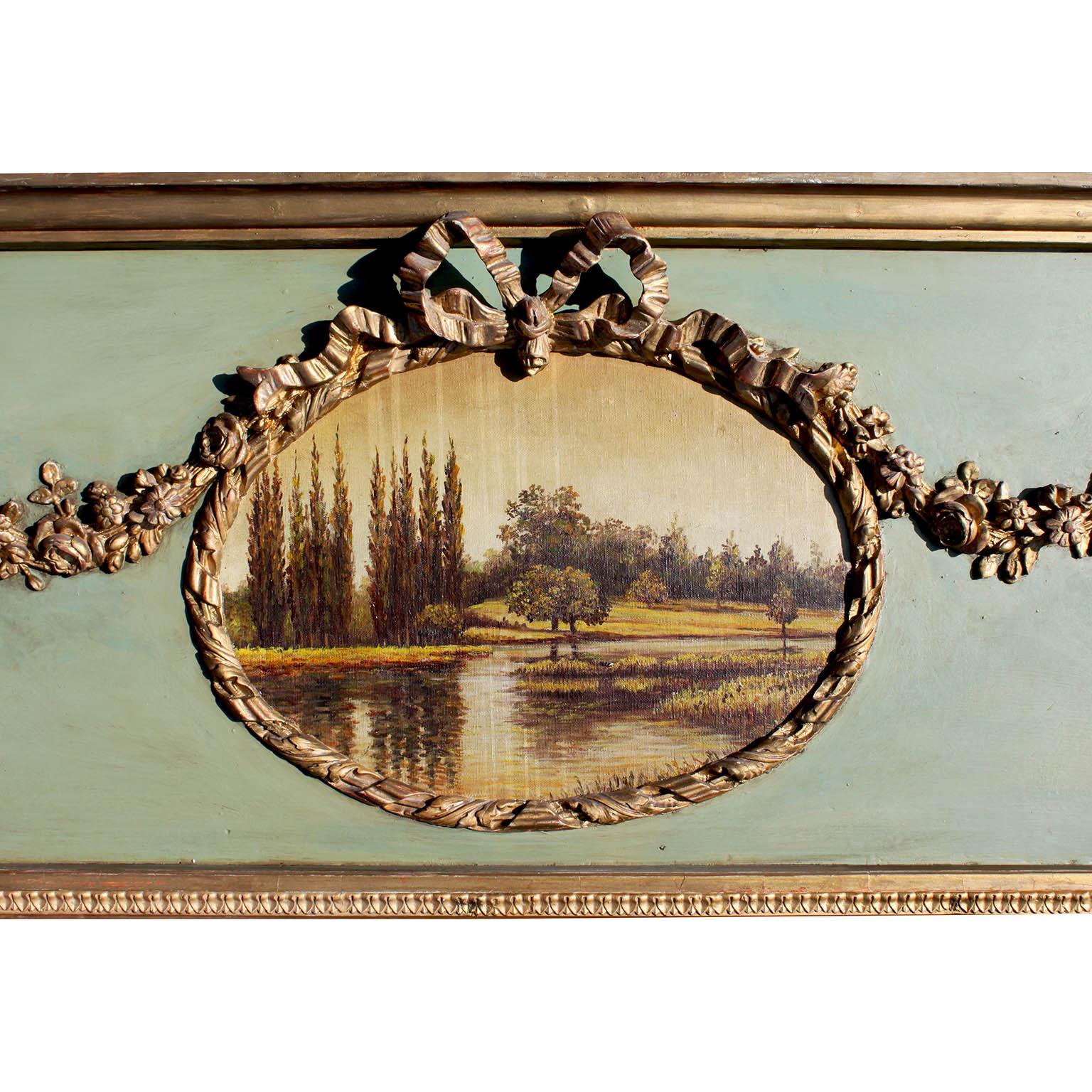 Hand-Carved French 19th-20th Louis XVI Style Parcel-Gilt & Verde-Green Trumeau Mirror Frame For Sale