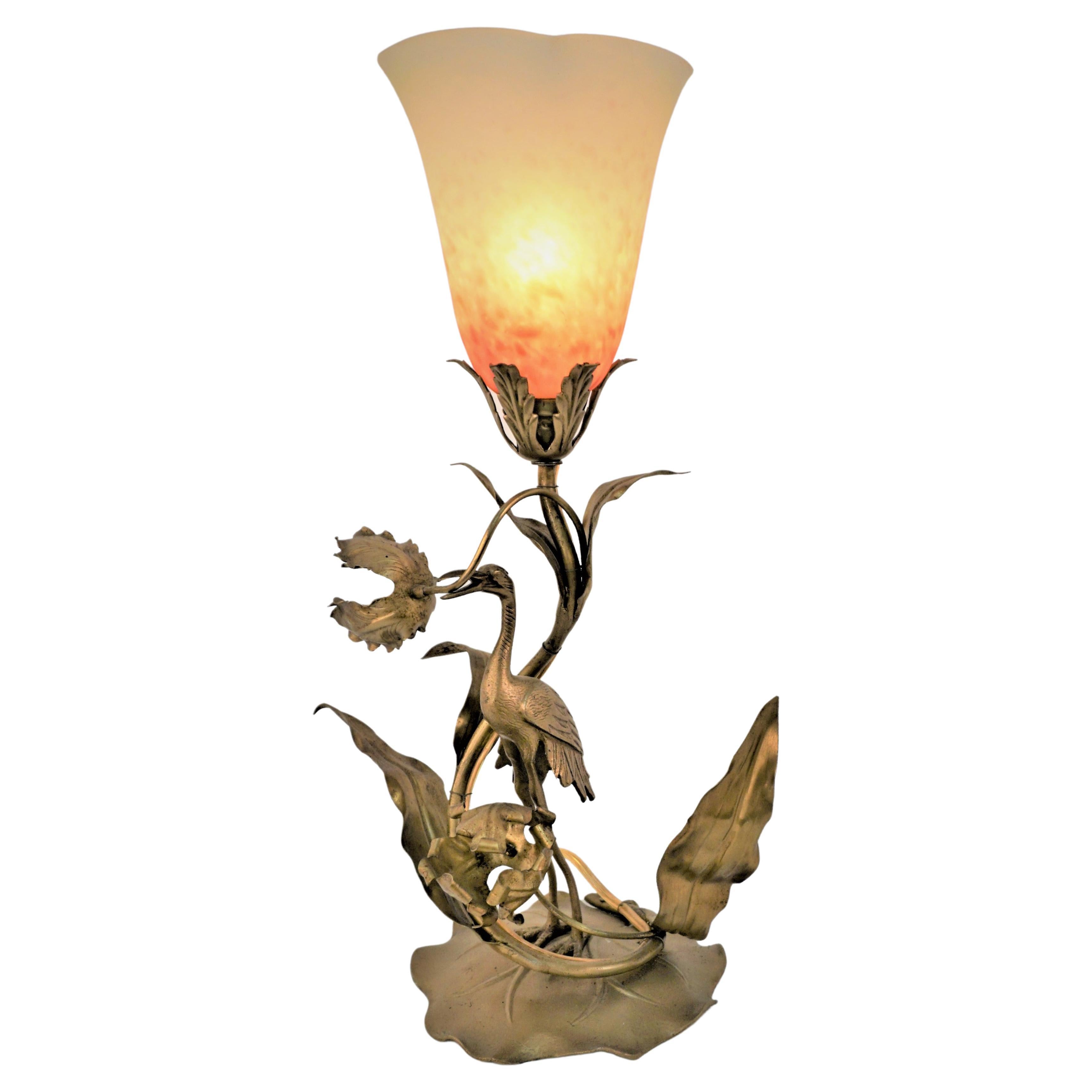 French 19th bronze Bird and Art Glass Table Lamp For Sale