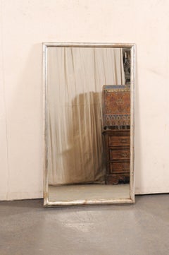 French 19th C. 4.5 Ft Tall Rectangular Wall Mirror, Silver Frame