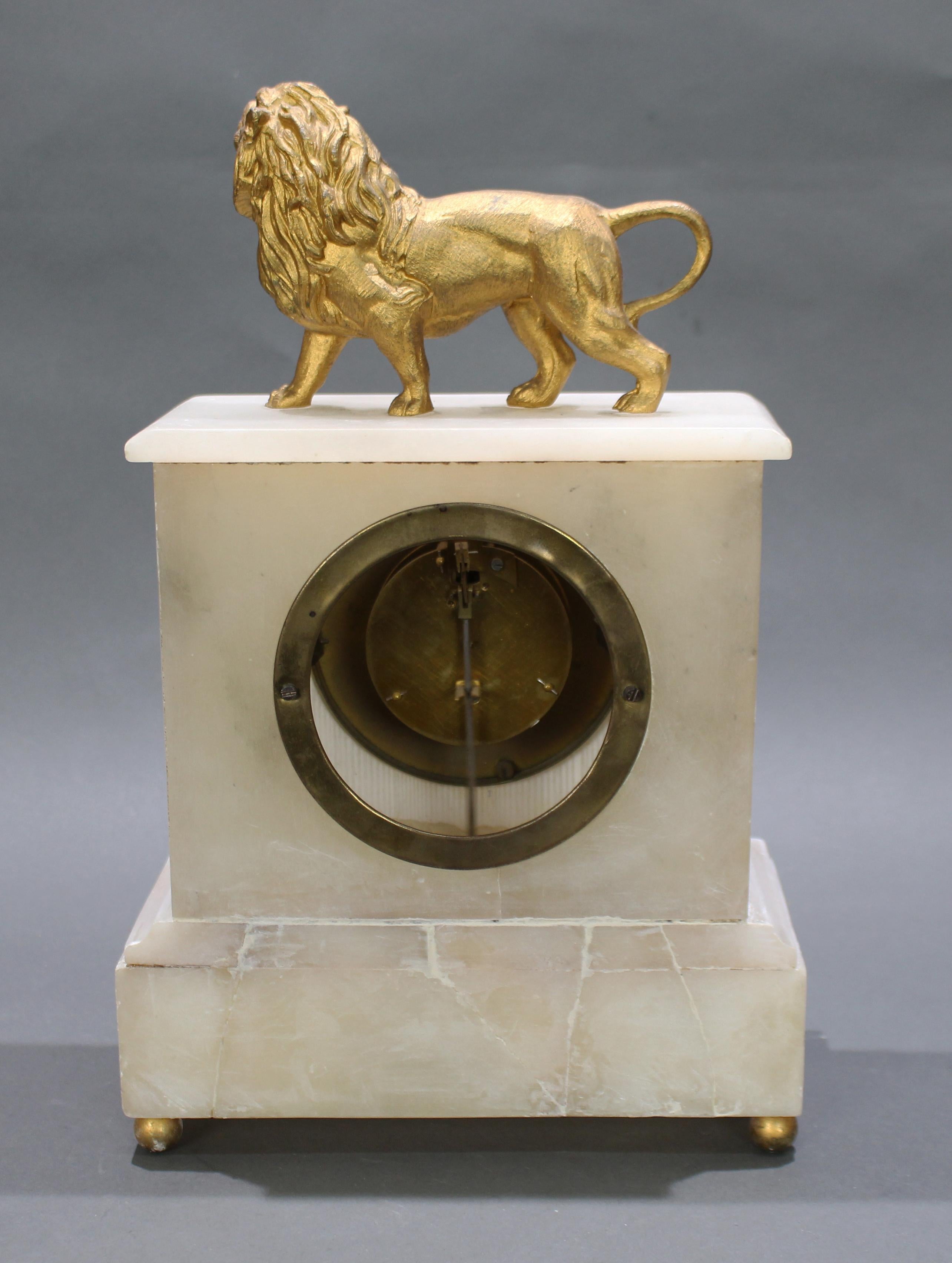 19th Century French 19th c. Alabaster Lion Mantle Clock