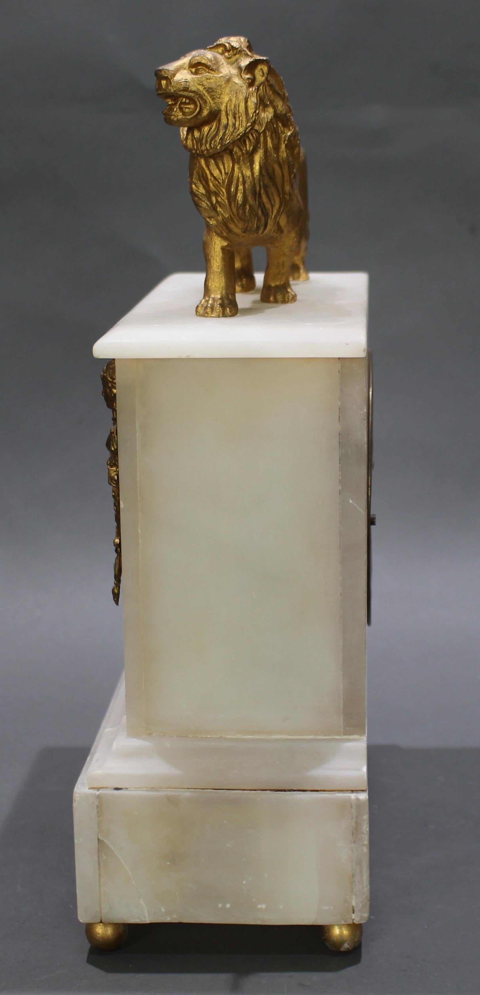 French 19th c. Alabaster Lion Mantle Clock 1