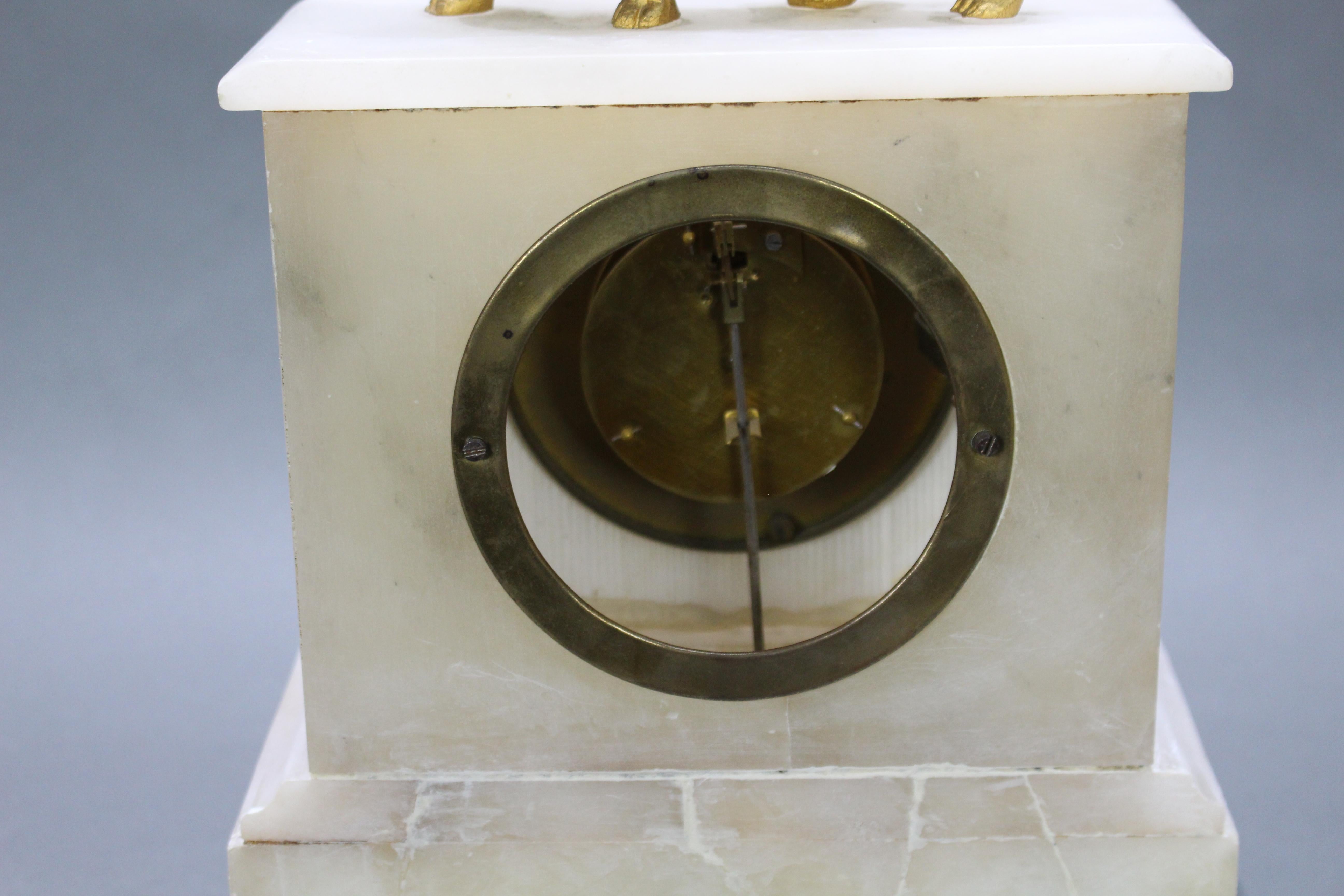 French 19th c. Alabaster Lion Mantle Clock 2