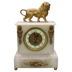 French 19th c. Alabaster Lion Mantle Clock