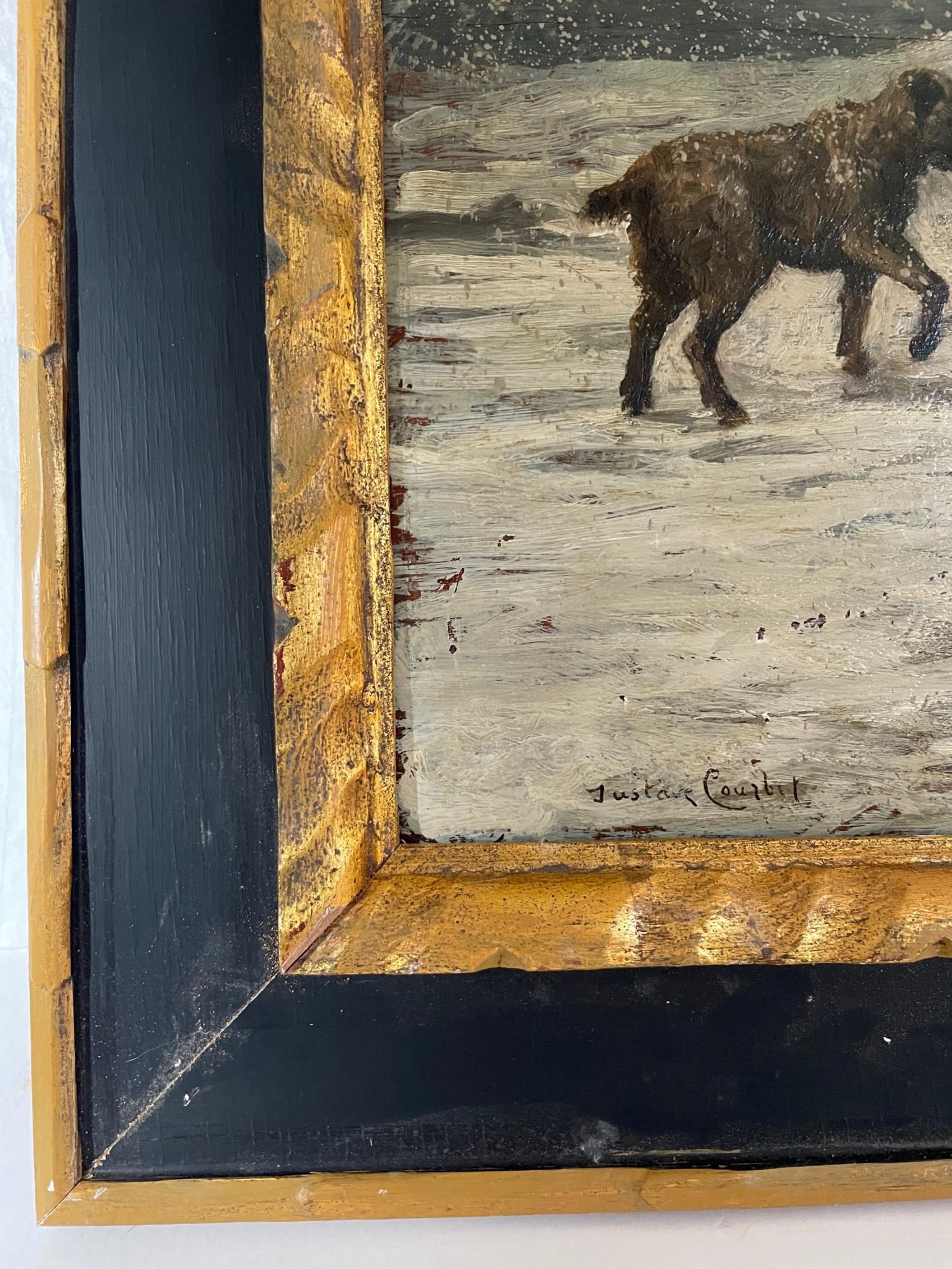 French 19th C. Barbizon Painting “Sheep in Blizzard” Signed Gustave Courbet For Sale 4