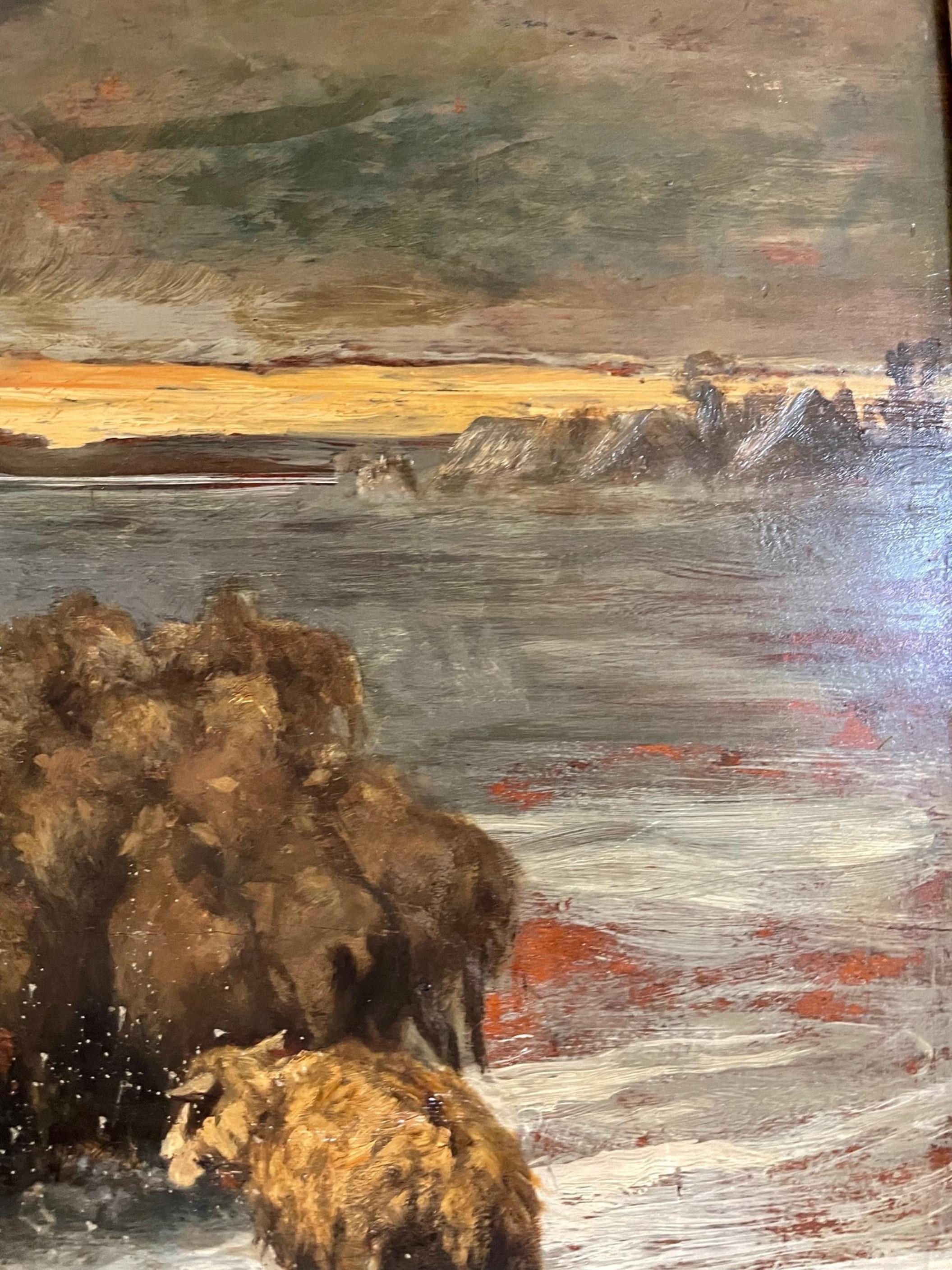 French 19th C. Barbizon Painting “Sheep in Blizzard” Signed Gustave Courbet In Good Condition For Sale In Vero Beach, FL