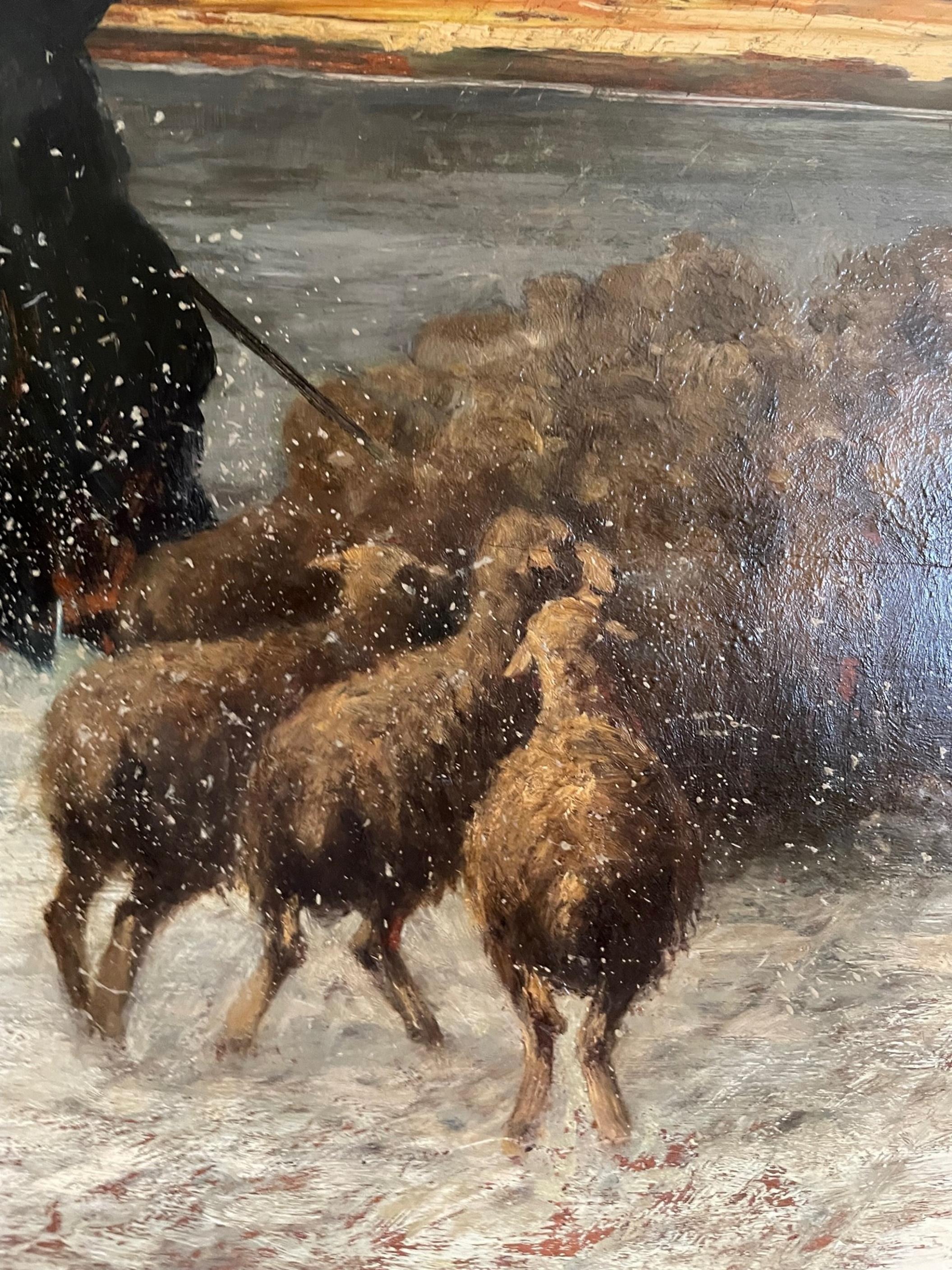 Wood French 19th C. Barbizon Painting “Sheep in Blizzard” Signed Gustave Courbet For Sale