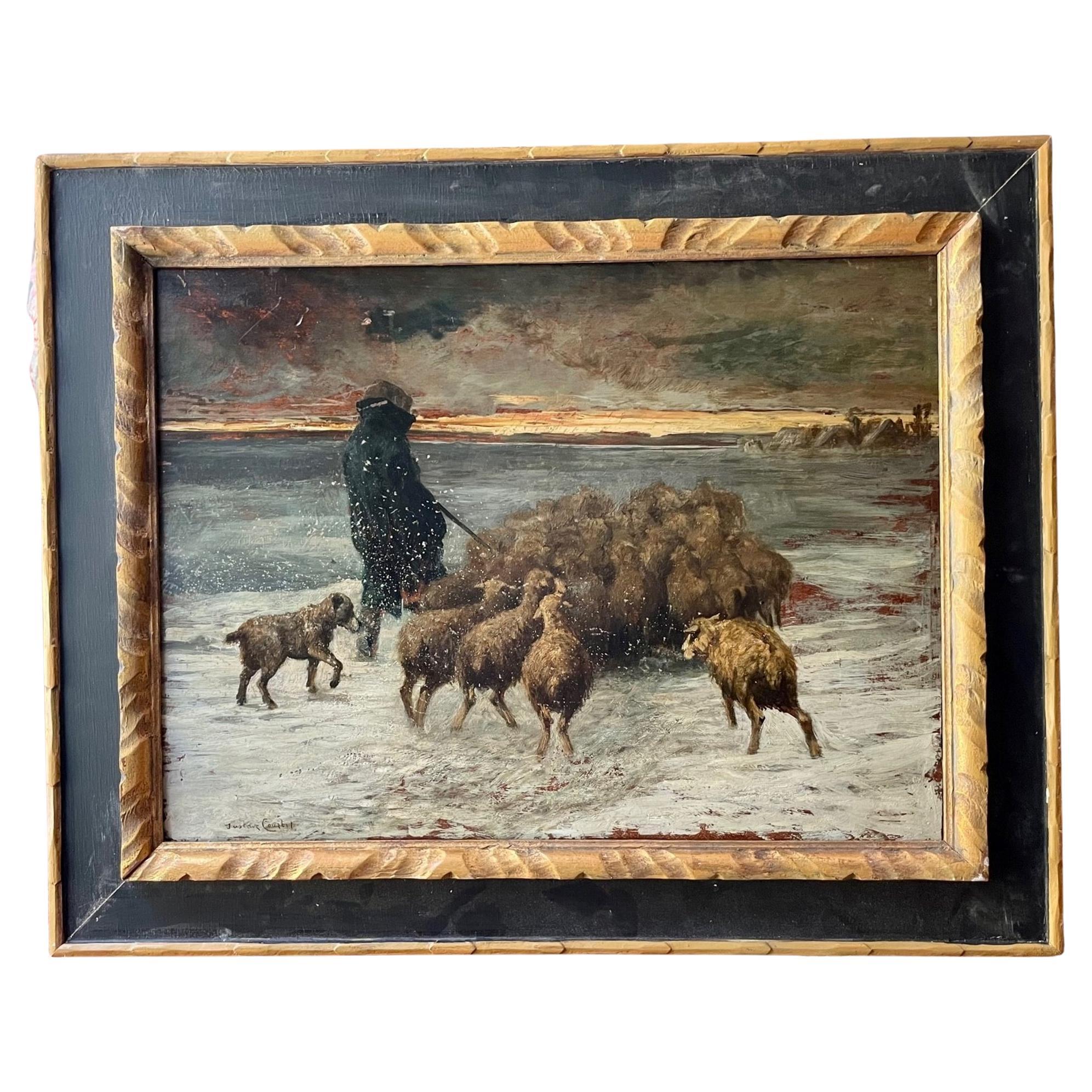 French 19th C. Barbizon Painting “Sheep in Blizzard” Signed Gustave Courbet For Sale