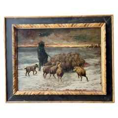 French 19th C. Barbizon Painting “Sheep in Blizzard” Signed Gustave Courbet