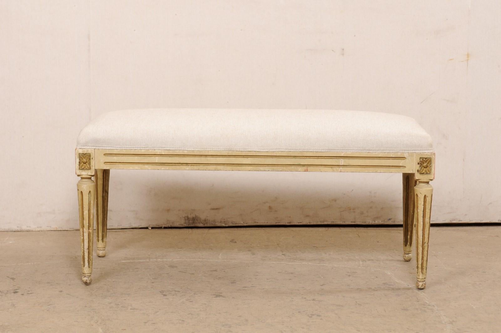French 19th C. Bench w/New Linen Upholstery For Sale 6