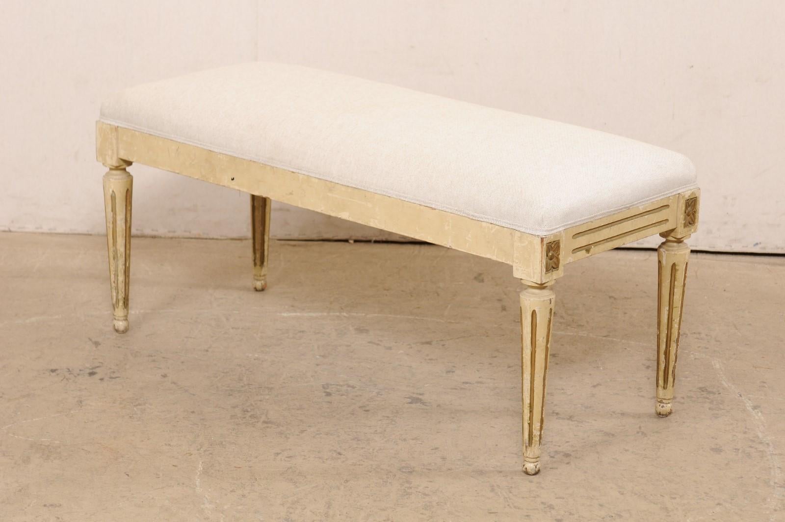 French 19th C. Bench w/New Linen Upholstery For Sale 1
