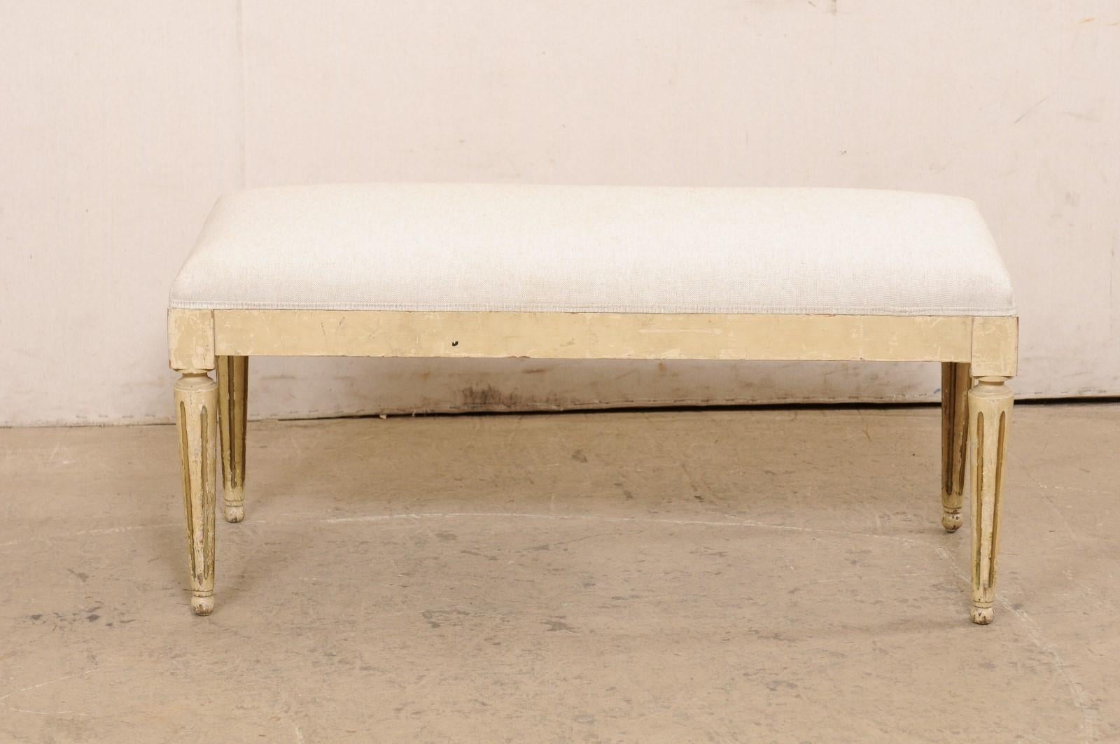 French 19th C. Bench w/New Linen Upholstery For Sale 2