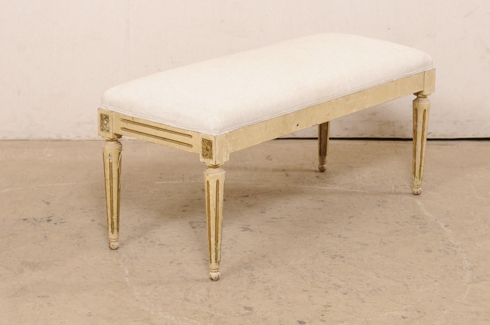French 19th C. Bench w/New Linen Upholstery For Sale 3