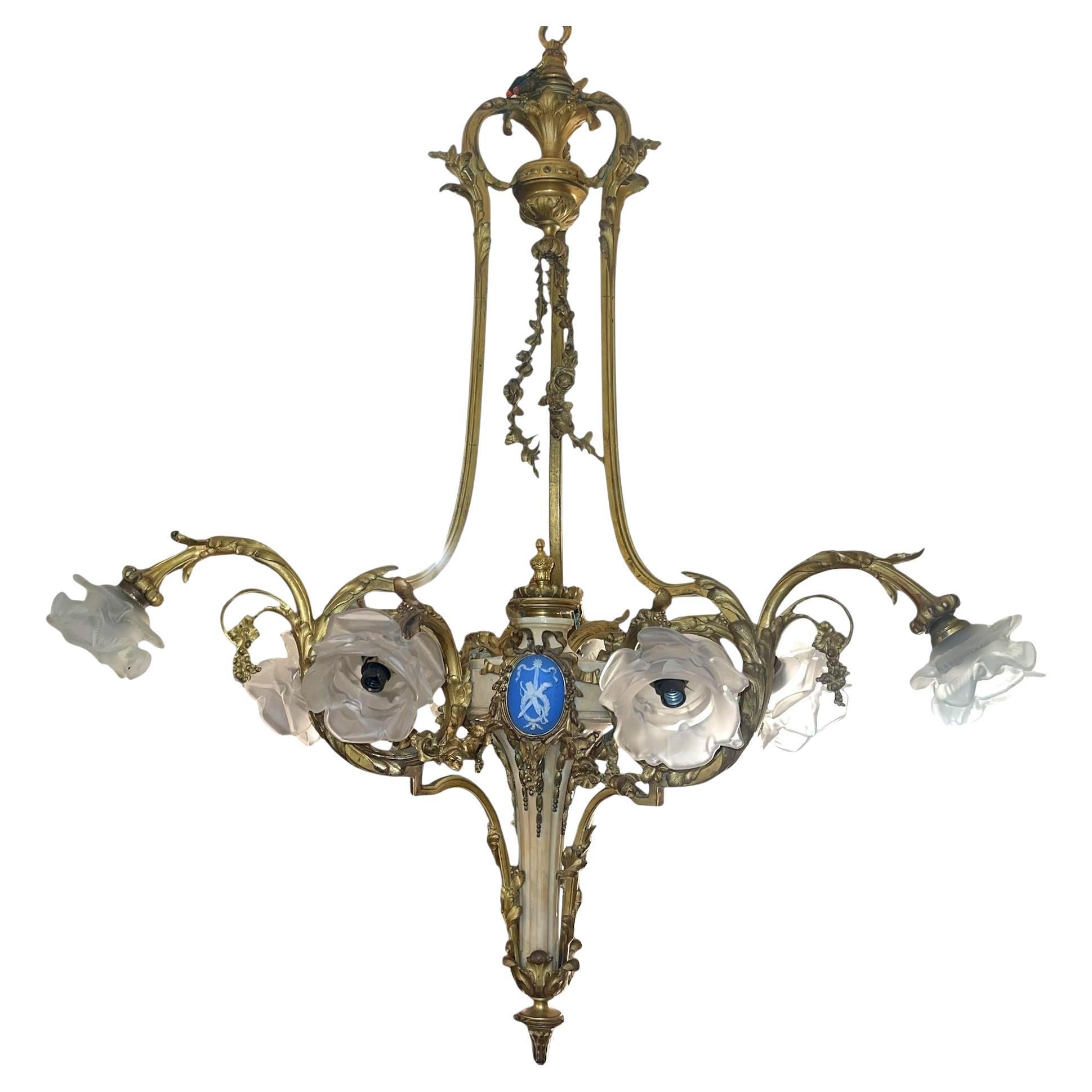 French 19th-C Bronze Chandelier with Marble Body, Wedgwood Plaque 
Glass Shades For Sale
