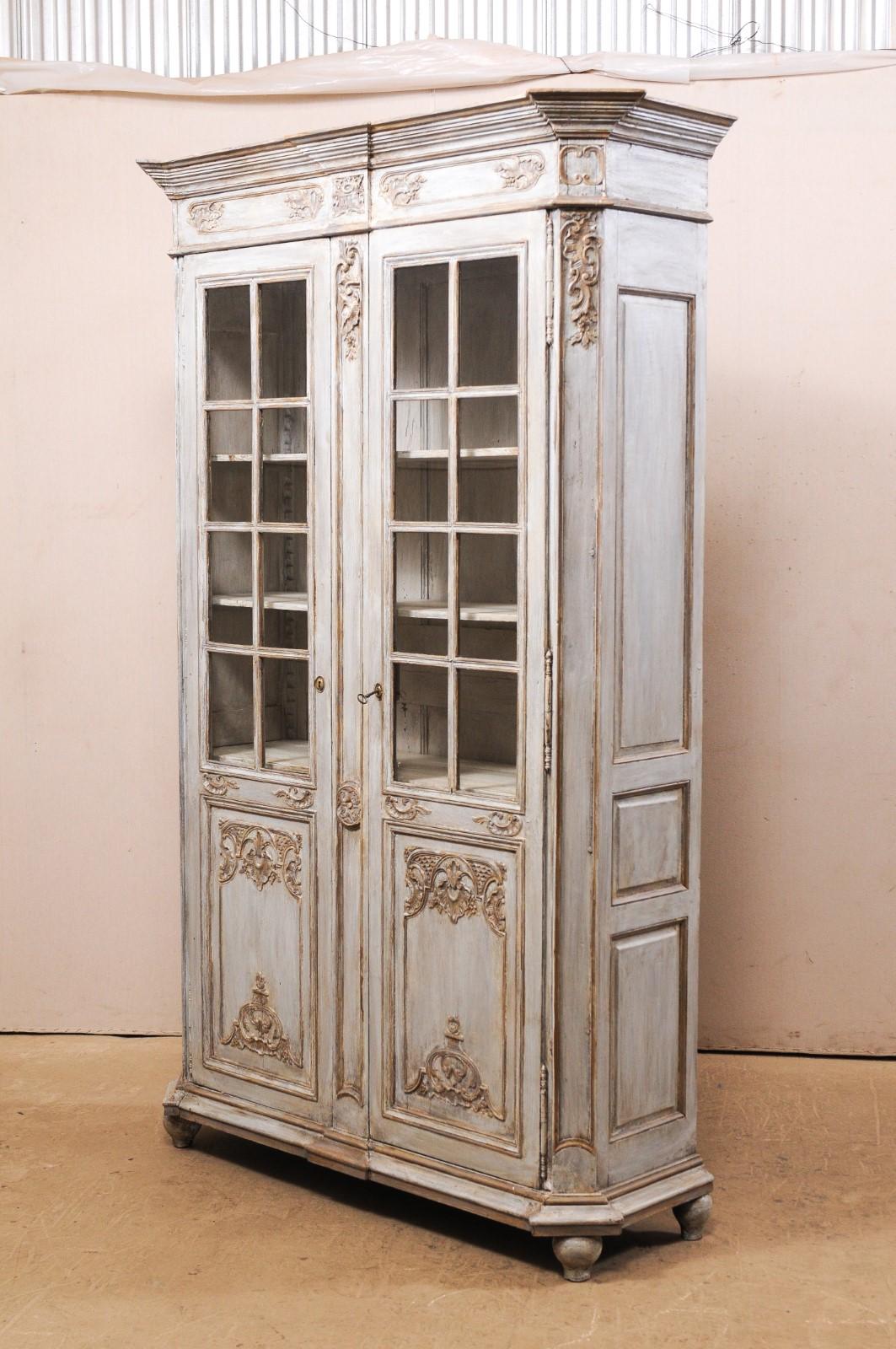 French Carved and Painted Wood Cabinet with Upper Glass Doors for Display 4