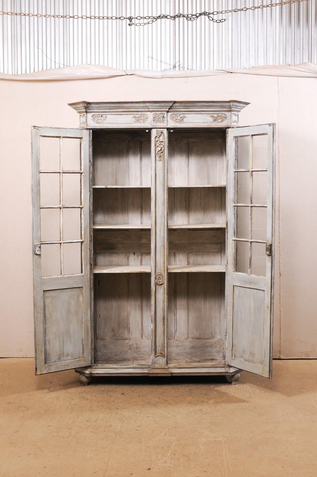 French Carved and Painted Wood Cabinet with Upper Glass Doors for Display In Good Condition In Atlanta, GA