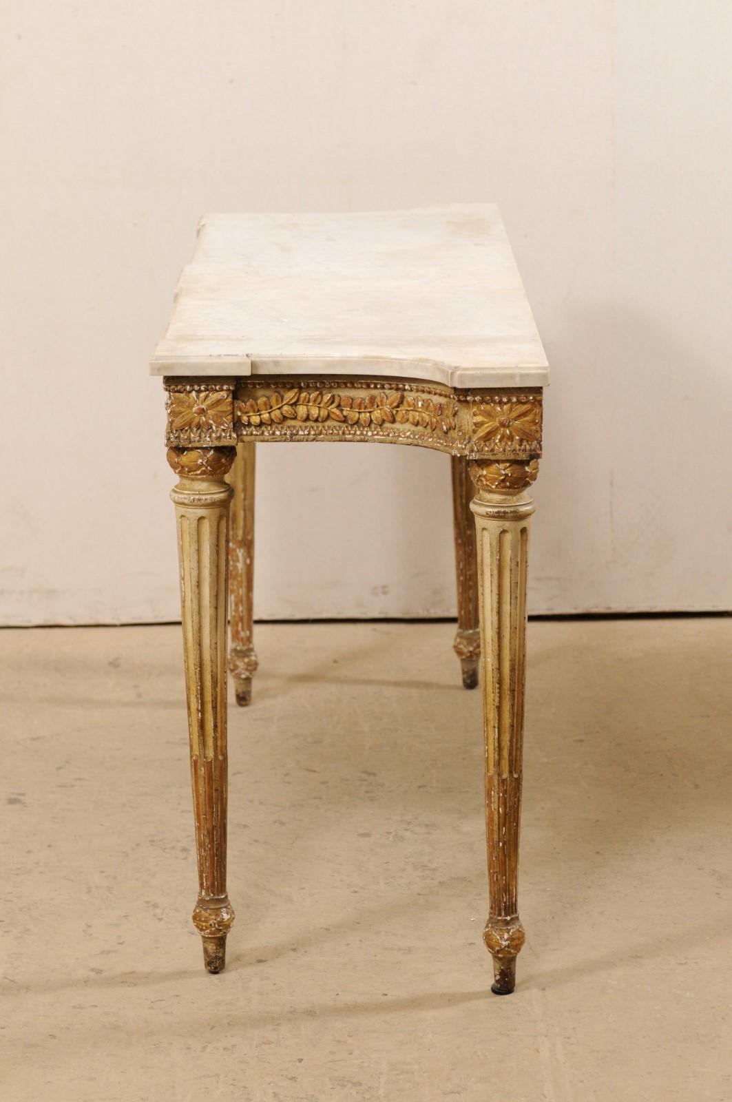 French Carved Wood Slender Console Table with Marble Top and Fluted Legs 4