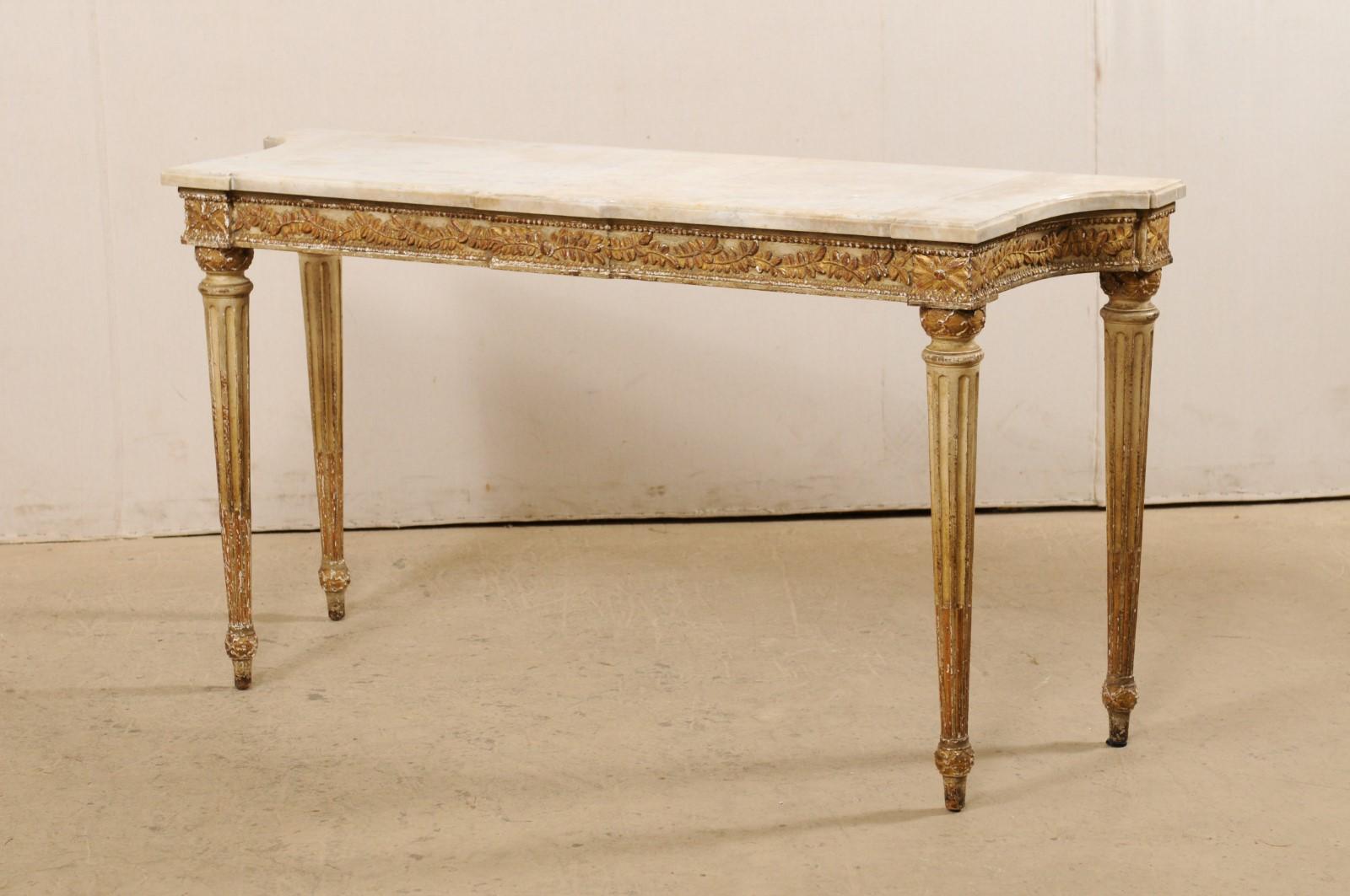 French Carved Wood Slender Console Table with Marble Top and Fluted Legs 5