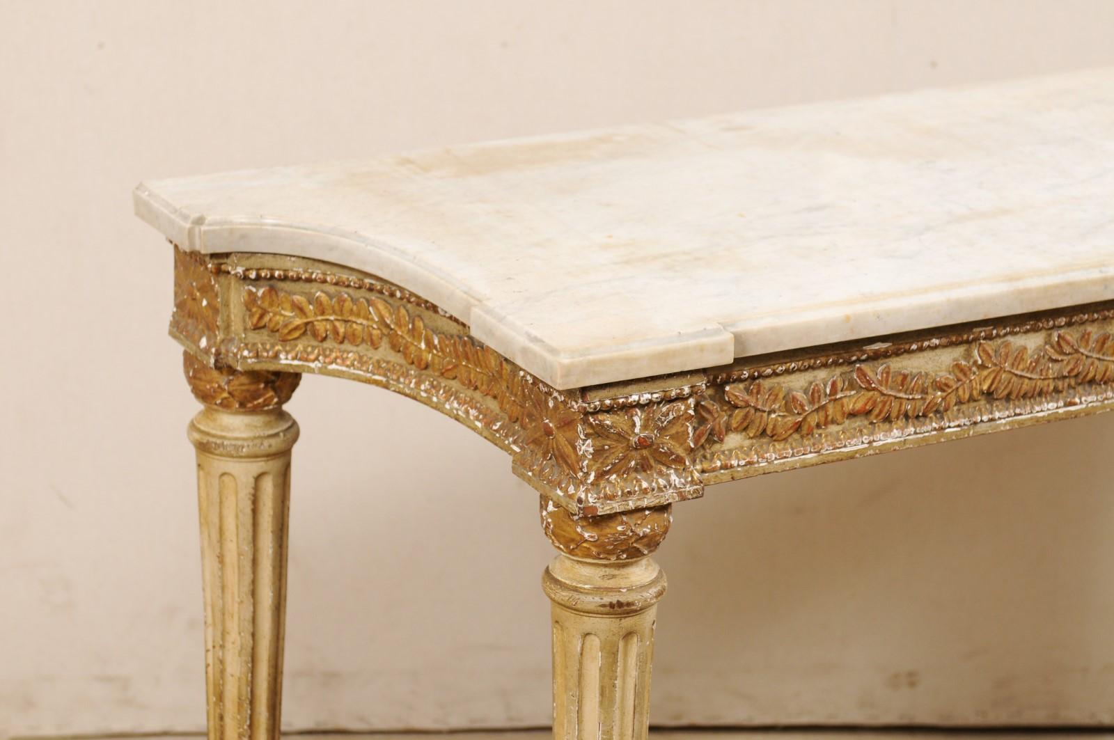 French Carved Wood Slender Console Table with Marble Top and Fluted Legs In Good Condition In Atlanta, GA