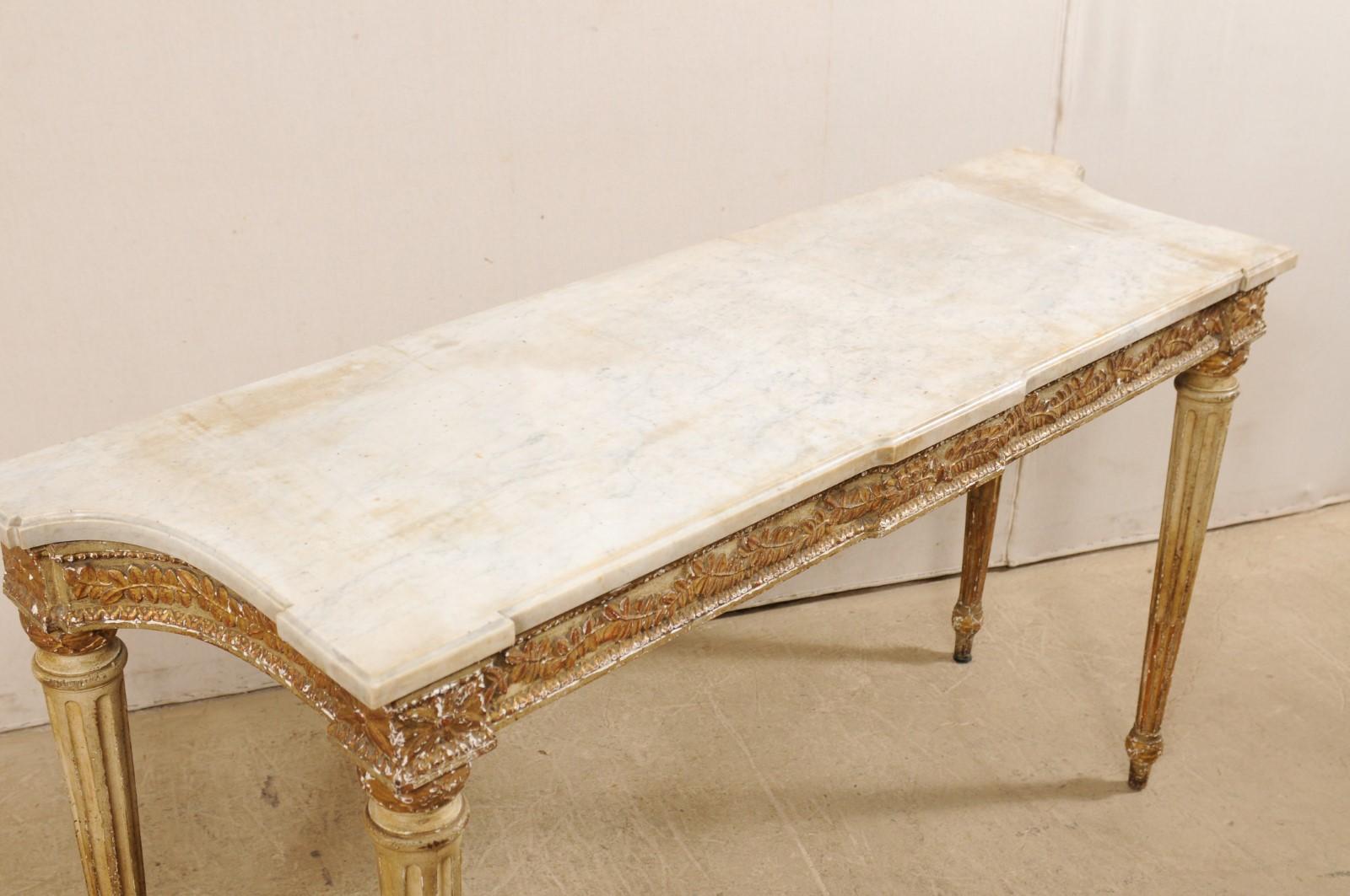 19th Century French Carved Wood Slender Console Table with Marble Top and Fluted Legs
