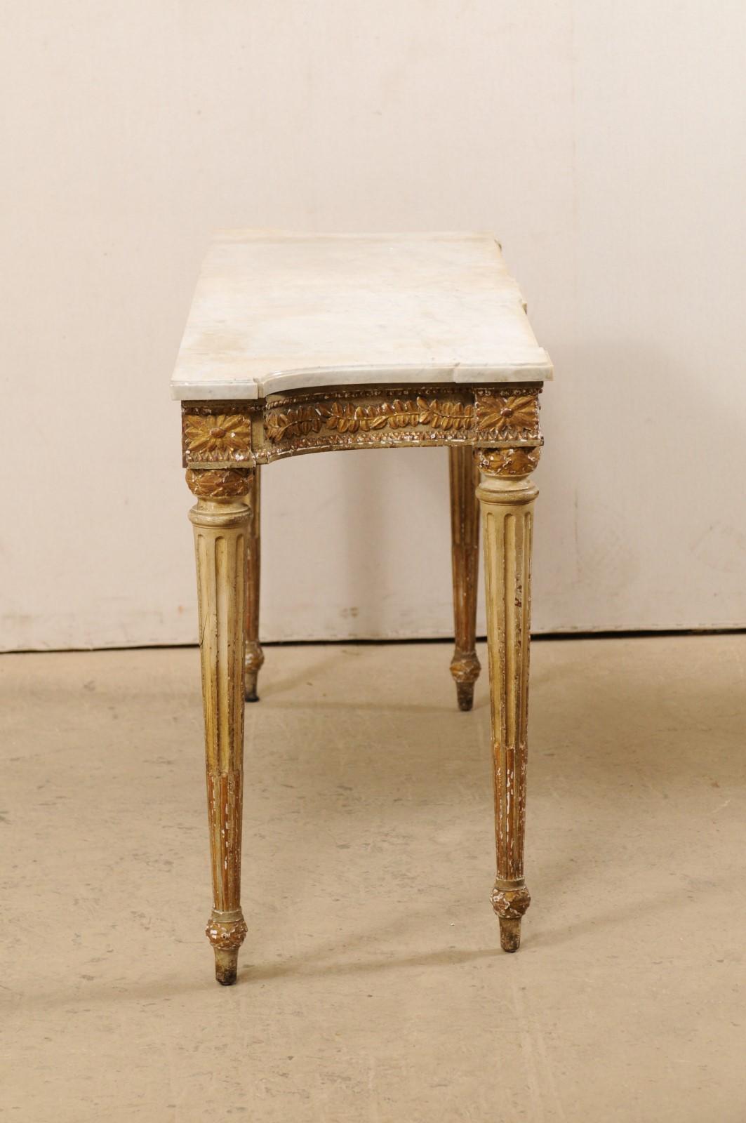 French Carved Wood Slender Console Table with Marble Top and Fluted Legs 1