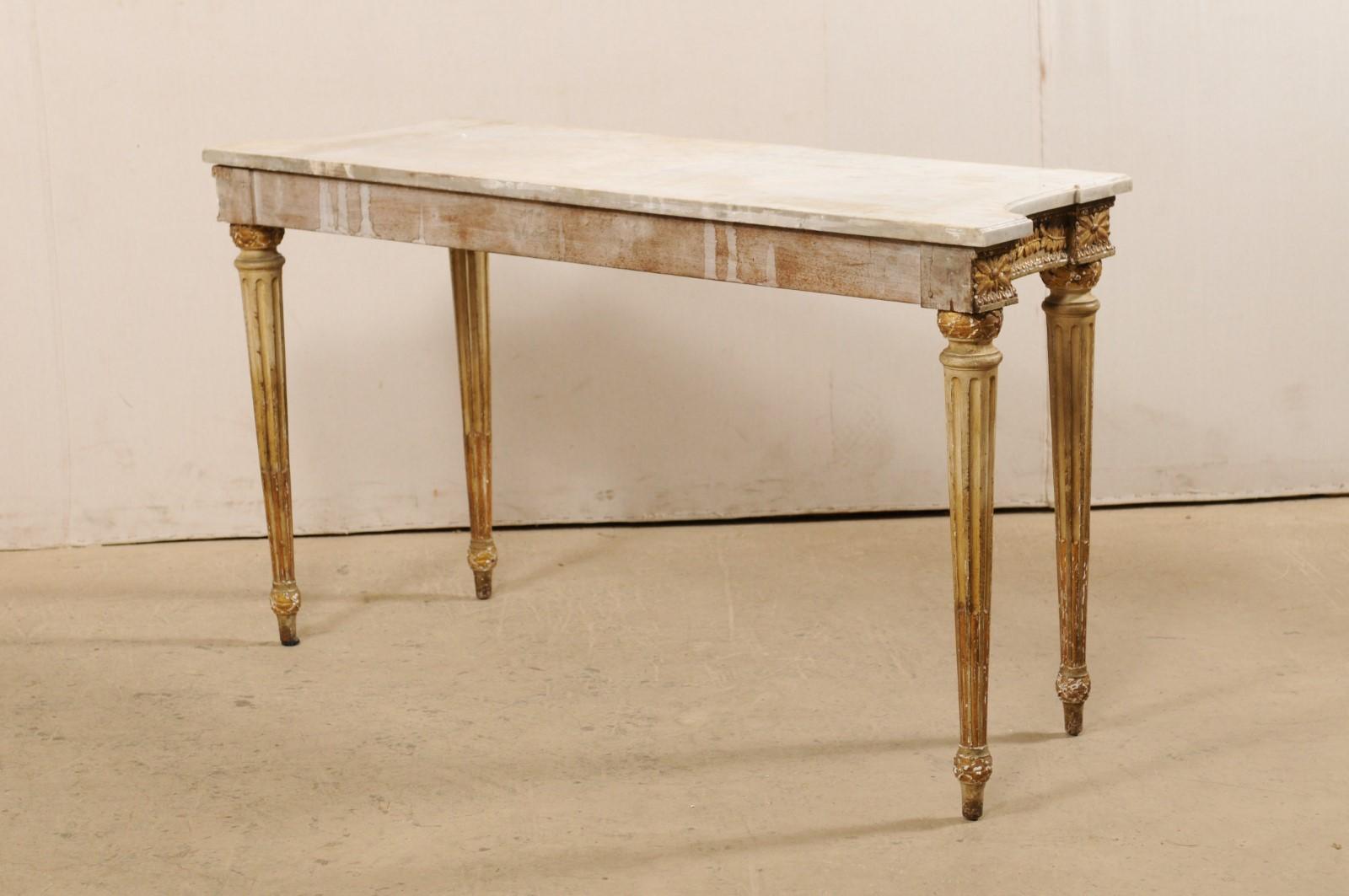 French Carved Wood Slender Console Table with Marble Top and Fluted Legs 2