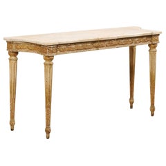 French Carved Wood Slender Console Table with Marble Top and Fluted Legs