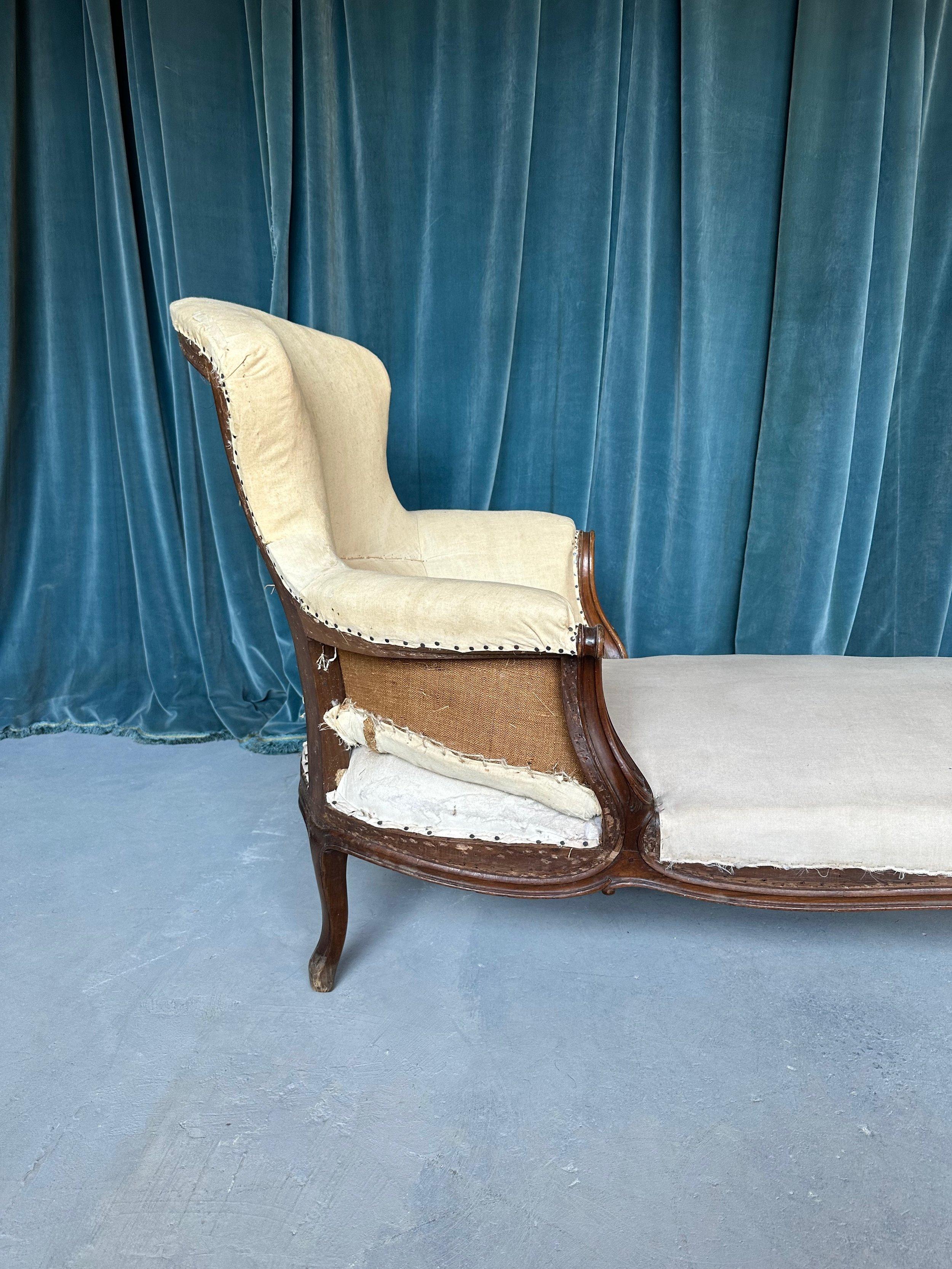 19th Century French 19th C. Chaise Longue with Carved Fruitwood Frame For Sale