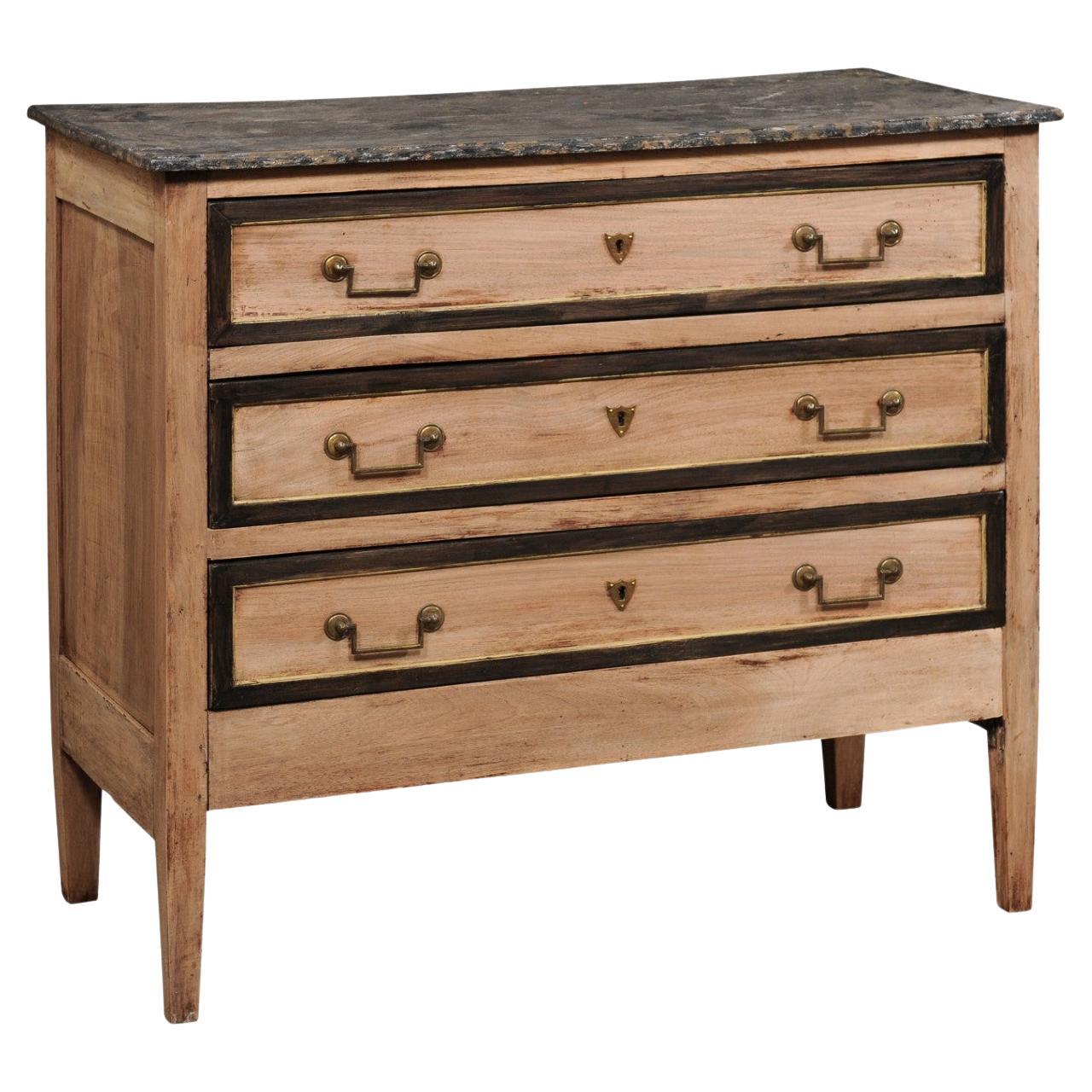 French 19th C. Commode w/ Faux Painted Marble Top & Brass Hardware