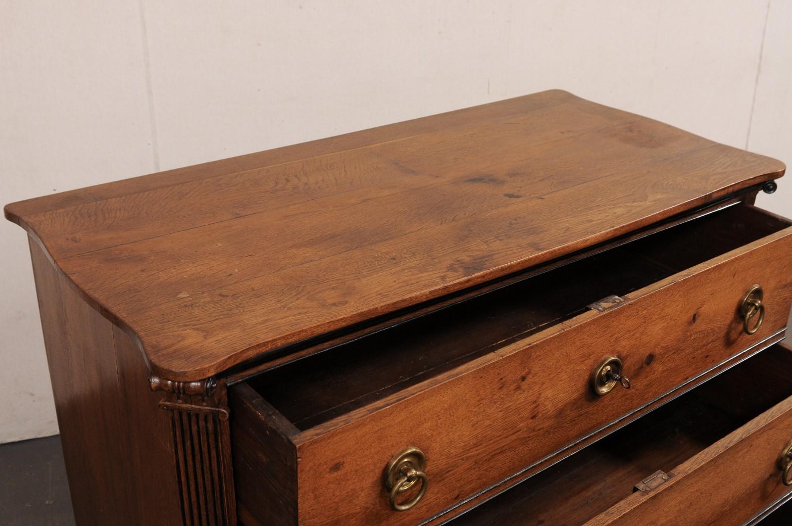 Wood French 19th C. Commode w/Fluted Column Side Posts & Really Neat Brass Hardware For Sale