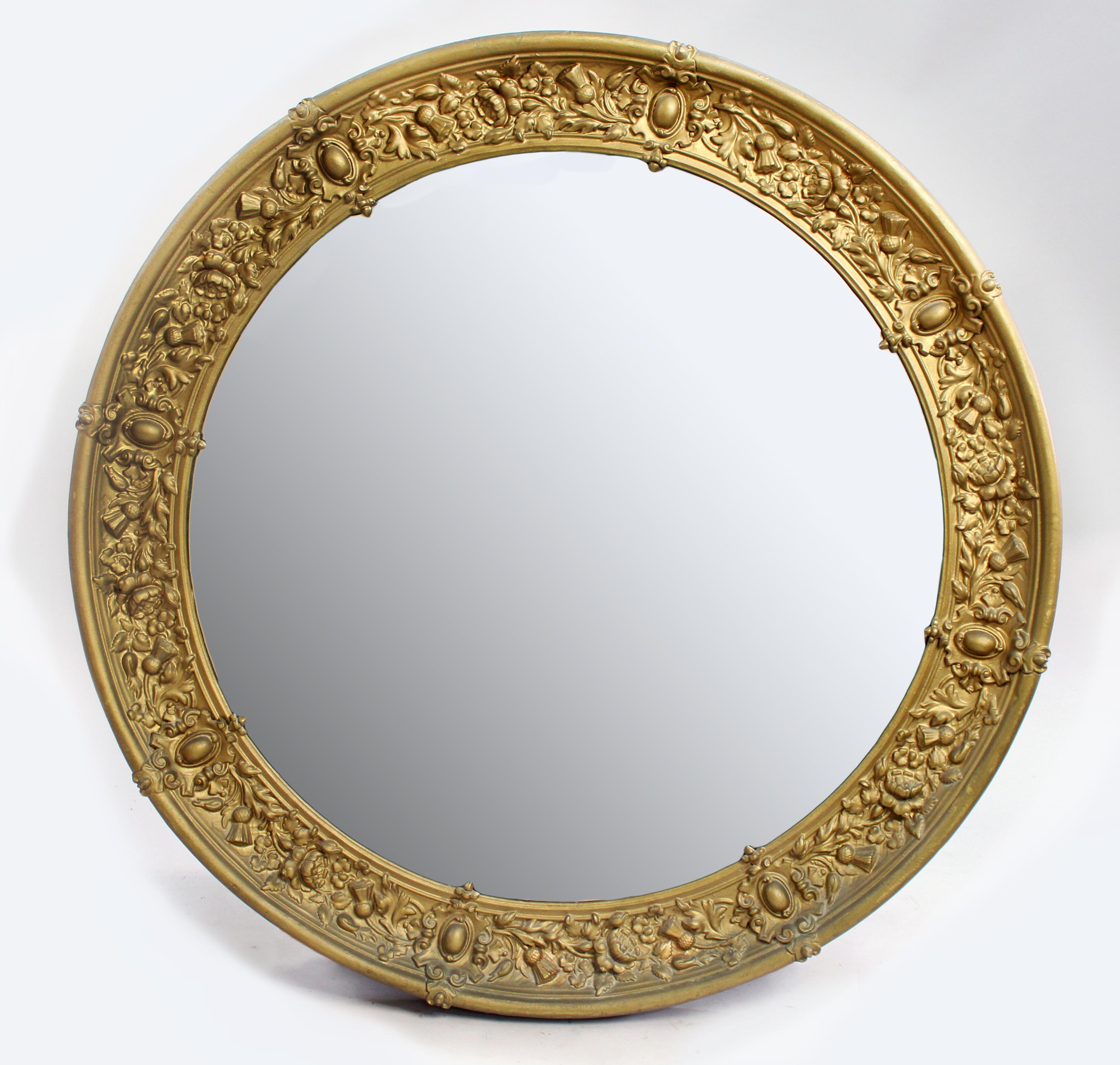 French 19th c. gilt brass 3ft circular mirror


Measures: Diameter: 91 cm 36 in

Depth: 6 cm 2 1/4

 
Period Late 19th c., French, c.1880

Frame decorative gilt brass cased frame, gilt finish

Mirror original bevelled glass

Condition