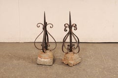 French 19th C Iron Finials on Granite Bases