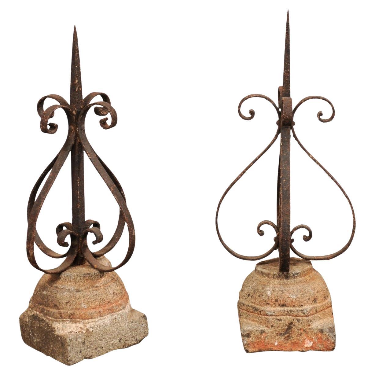 French 19th C Iron Finials on Granite Bases