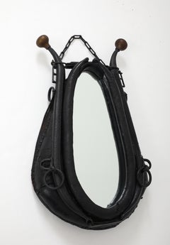 French 19th C. Leather Work Horse Collar Mirror