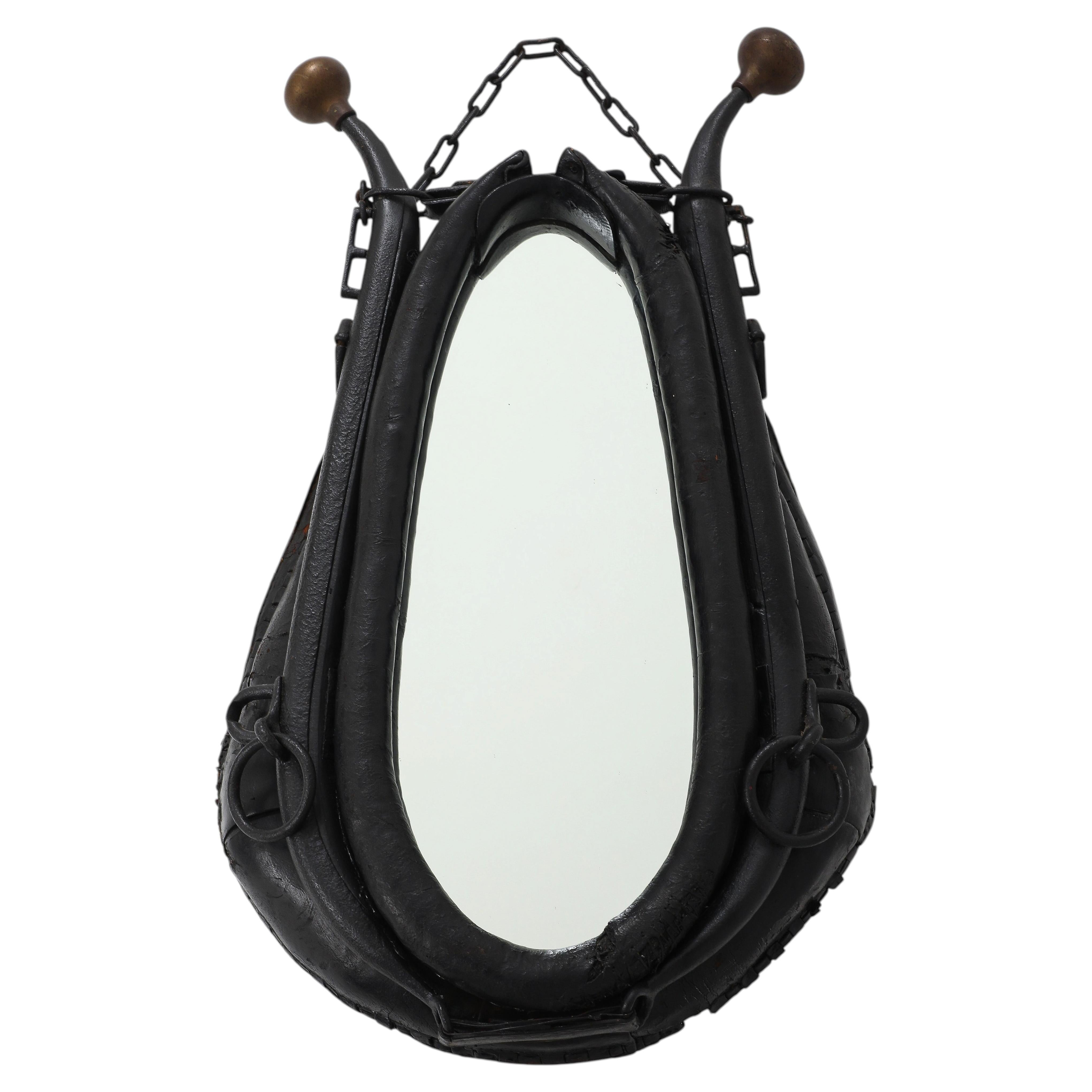 French 19th C. Leather Work Horse Collar Mirror For Sale