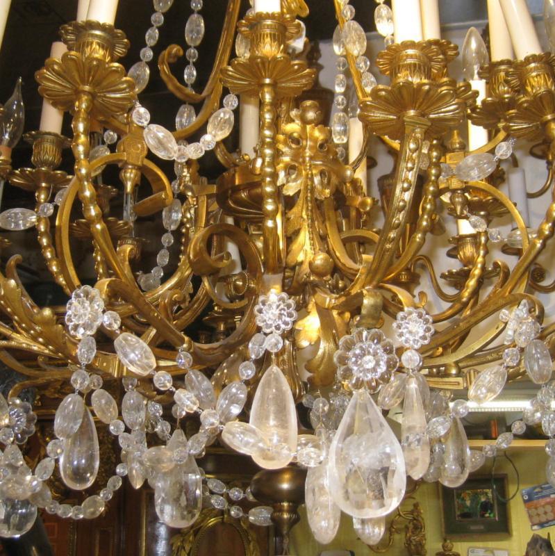 Louis XVI French 19th C Louis XV XVI Style 16 Light Bronze Chandelier with Rock Crystal For Sale