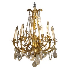 Lustre français du 19ème siècle de style Louis XV XVI à 16 feux en bronze avec cristal de roche
