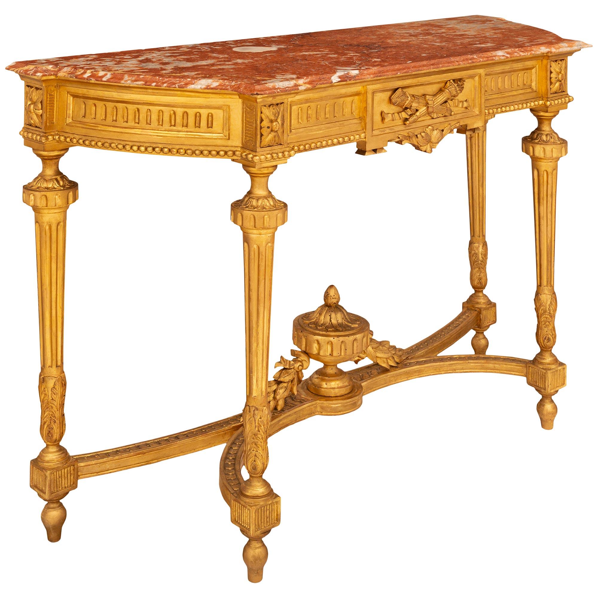 Français 19e s. Console Louis XVI en bois doré et marbre rosé Vif des Pyrénées Bon état - En vente à West Palm Beach, FL