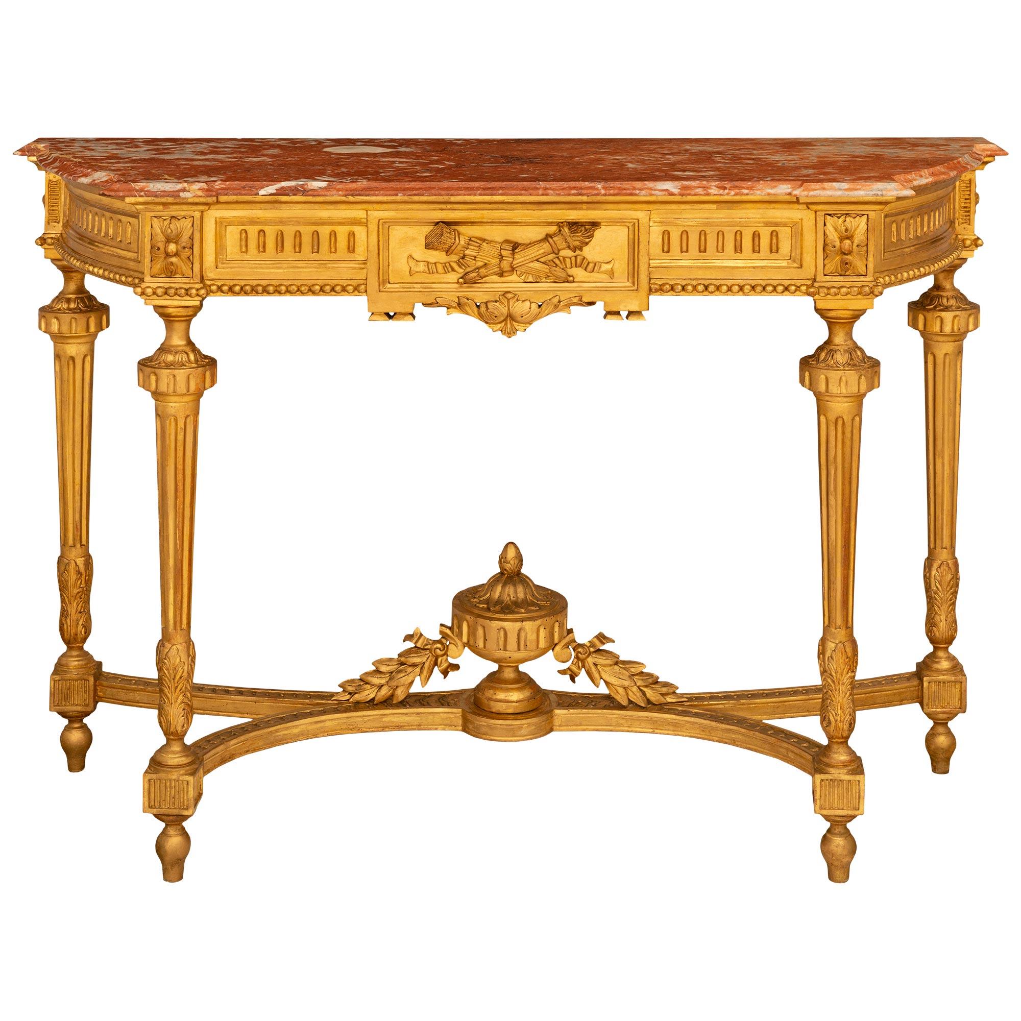 Français 19e s. Console Louis XVI en bois doré et marbre rosé Vif des Pyrénées en vente 4