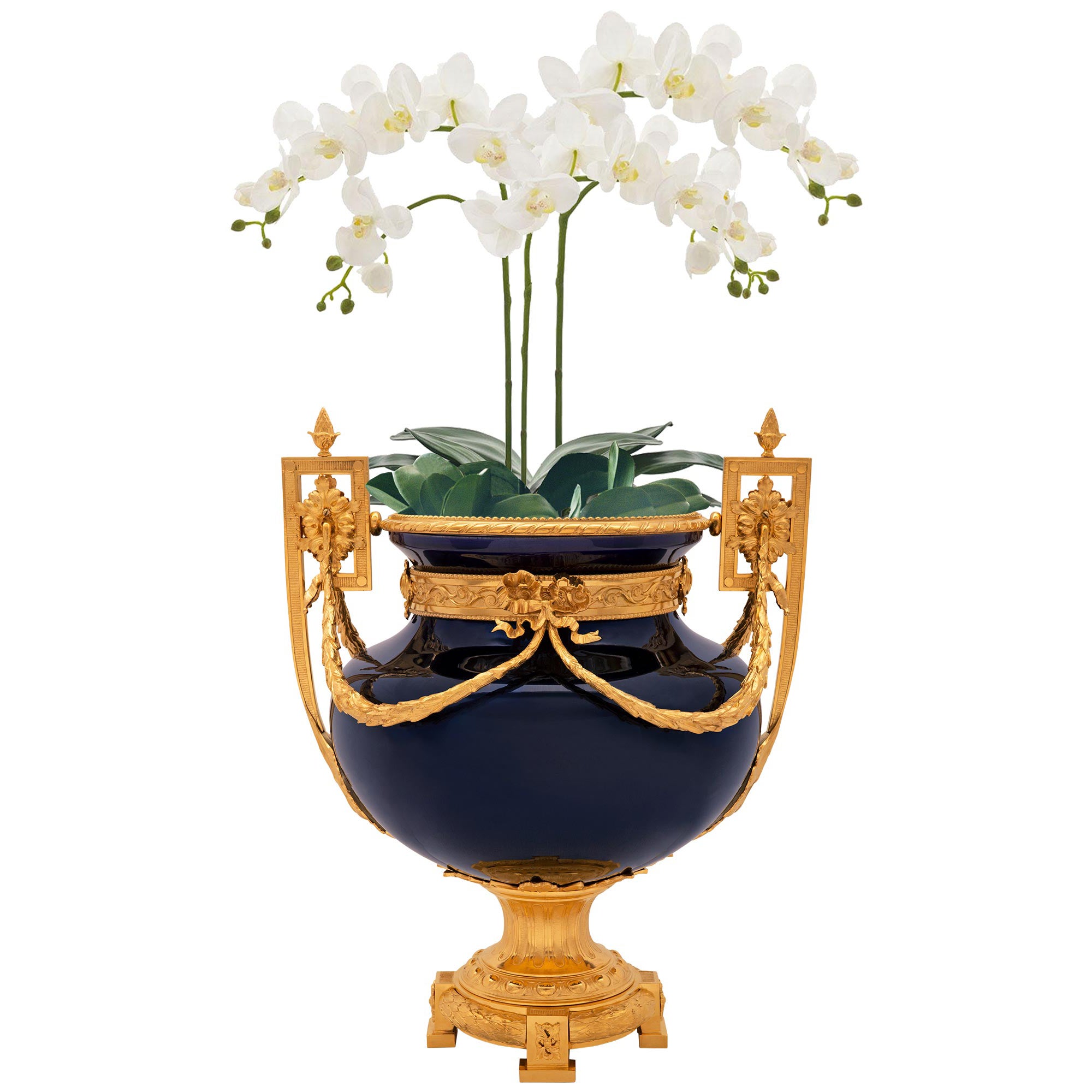 French 19th c. Louis XVI St. Sarreguemines Cobalt Blue Porcelain & Ormolu Urn
