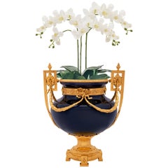 French 19th c. Louis XVI St. Sarreguemines Cobalt Blue Porcelain & Ormolu Urn