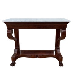 French 19th Century Mahogany Console Table, Marble Top & Hidden Cushion Drawer