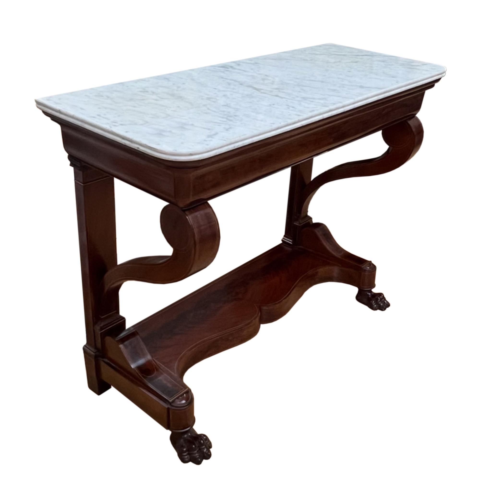 Neoclassical French 19th C Mahogany Console Table, Marble Top & Cushion Drawer For Sale