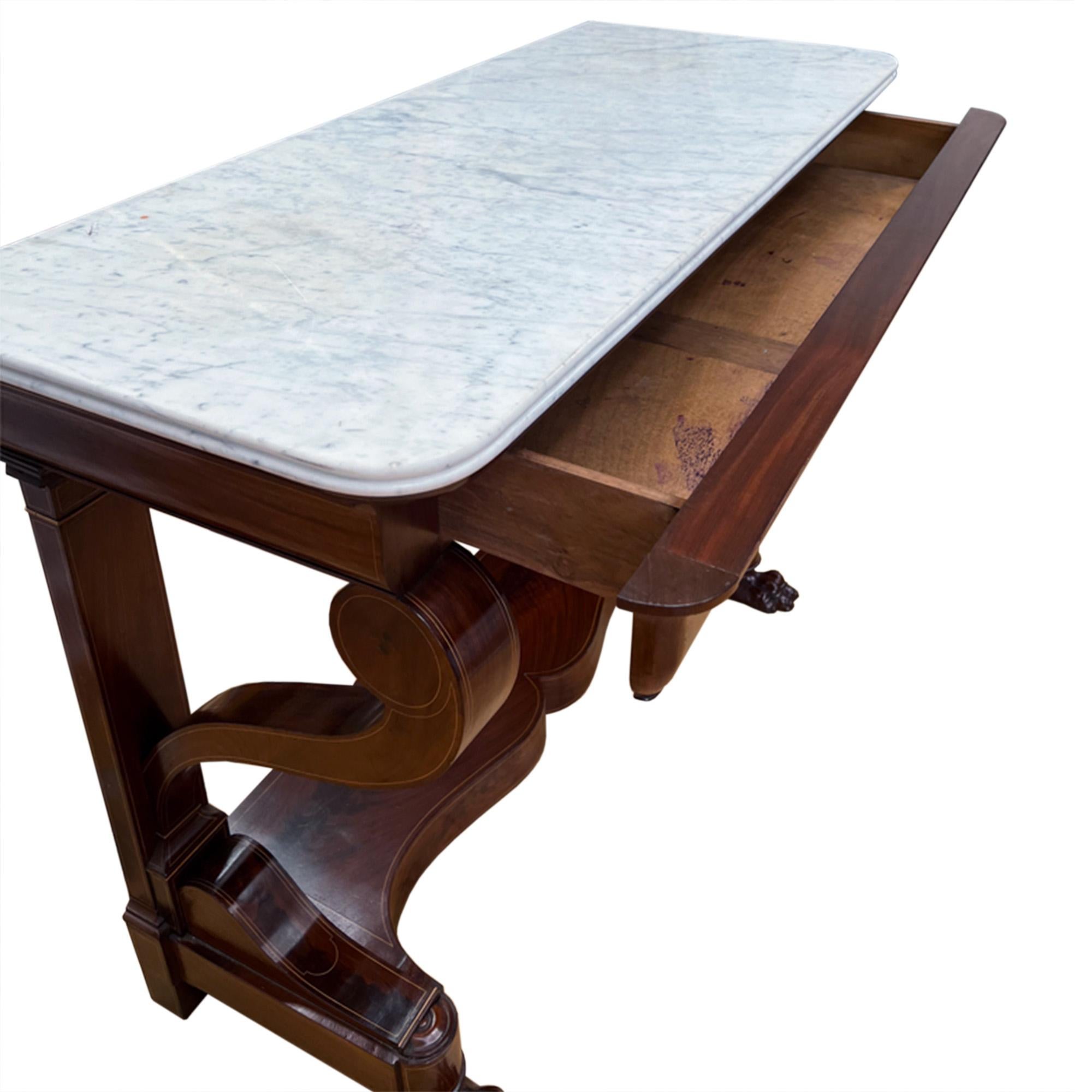 Hand-Carved French 19th C Mahogany Console Table, Marble Top & Cushion Drawer For Sale