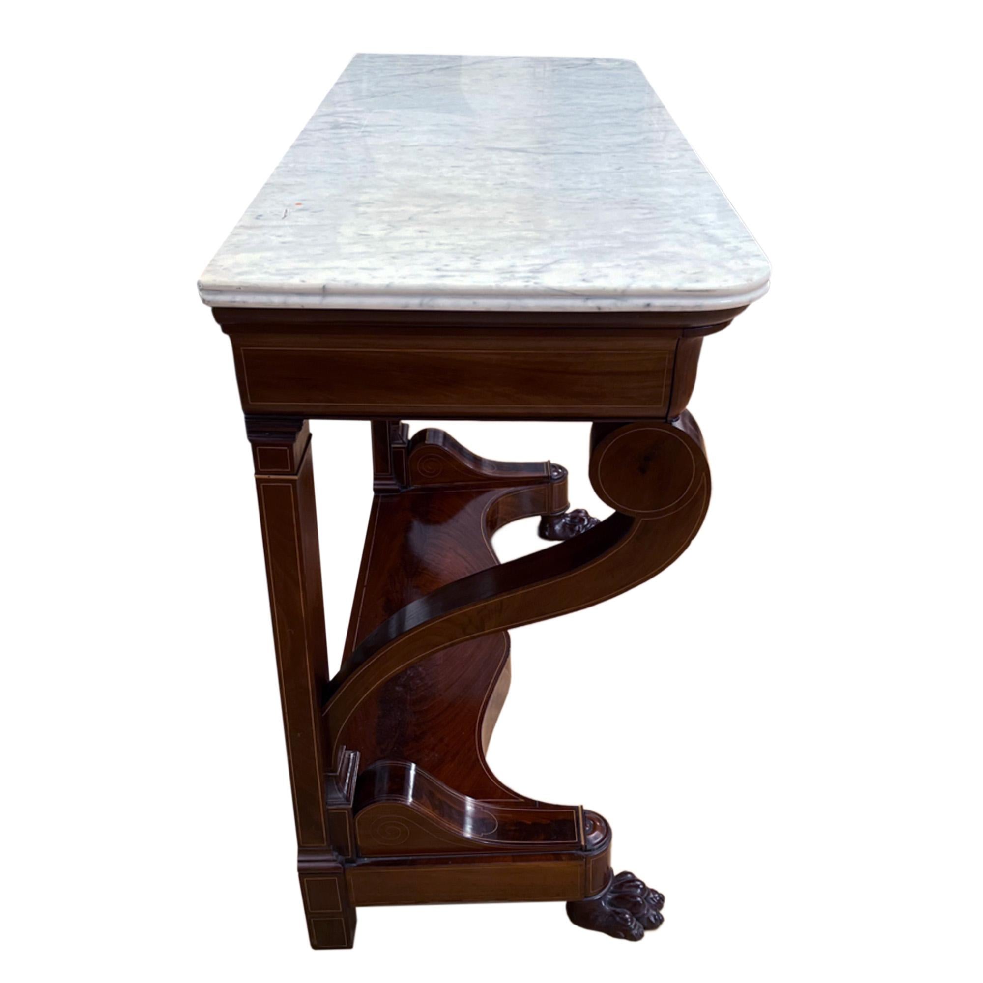 French 19th C Mahogany Console Table, Marble Top & Cushion Drawer In Good Condition For Sale In London, GB